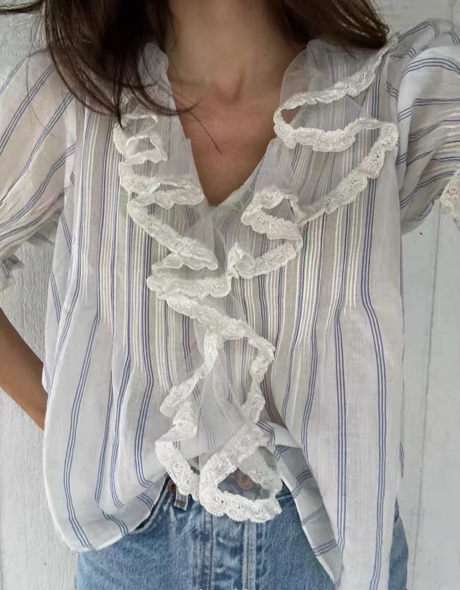 Doen Cotton Breathable Lace Lace Bubble Sleeve Ruffle Solid Stripe Top new