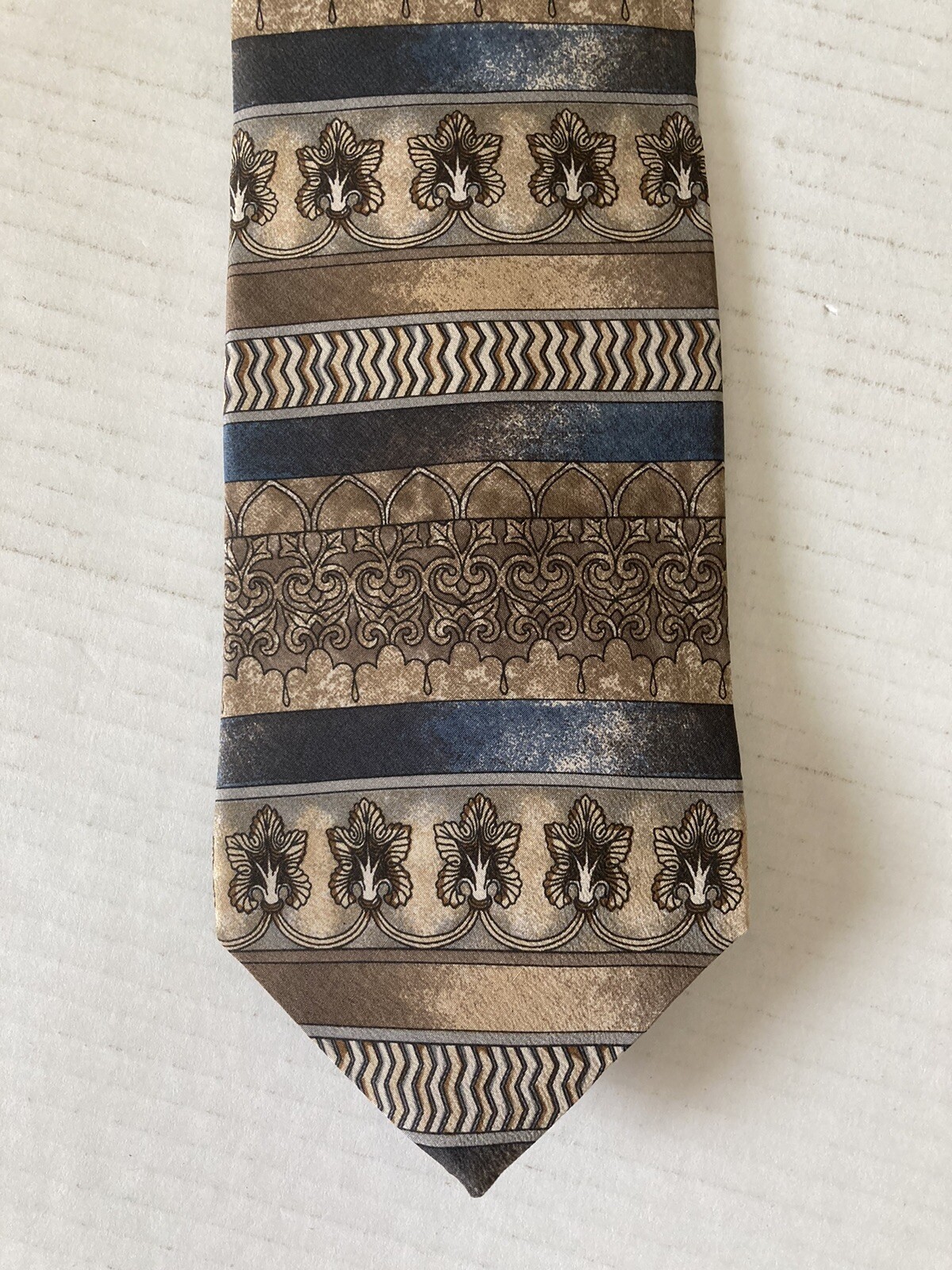 The Young Men’s Shop Necktie Tie Silk Brown Blue Tan Tapestry Stripe Made in USA