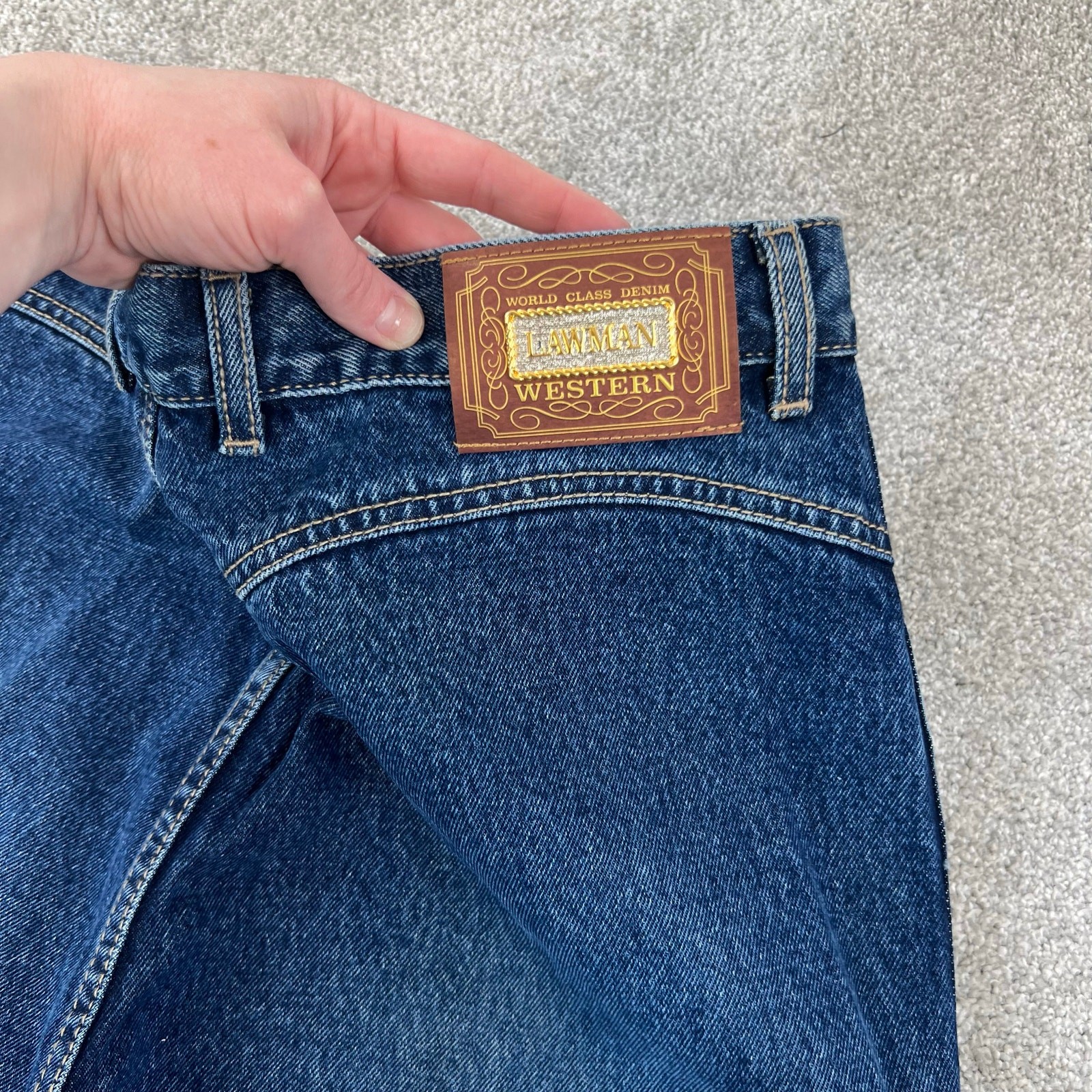 Vintage Lawman Western Bareback Studded Criss Cross Leather Denim Jeans (Sz 36)