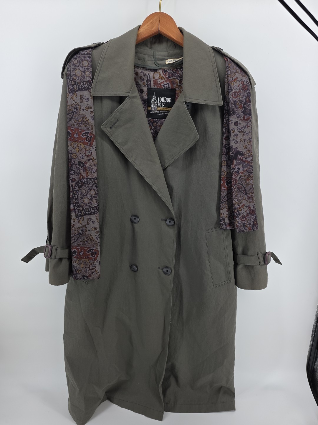 Vtg London Fog Custom Green Trench Coat Belted Zip Liner Scarf Sz 10 Pet RARE!!!
