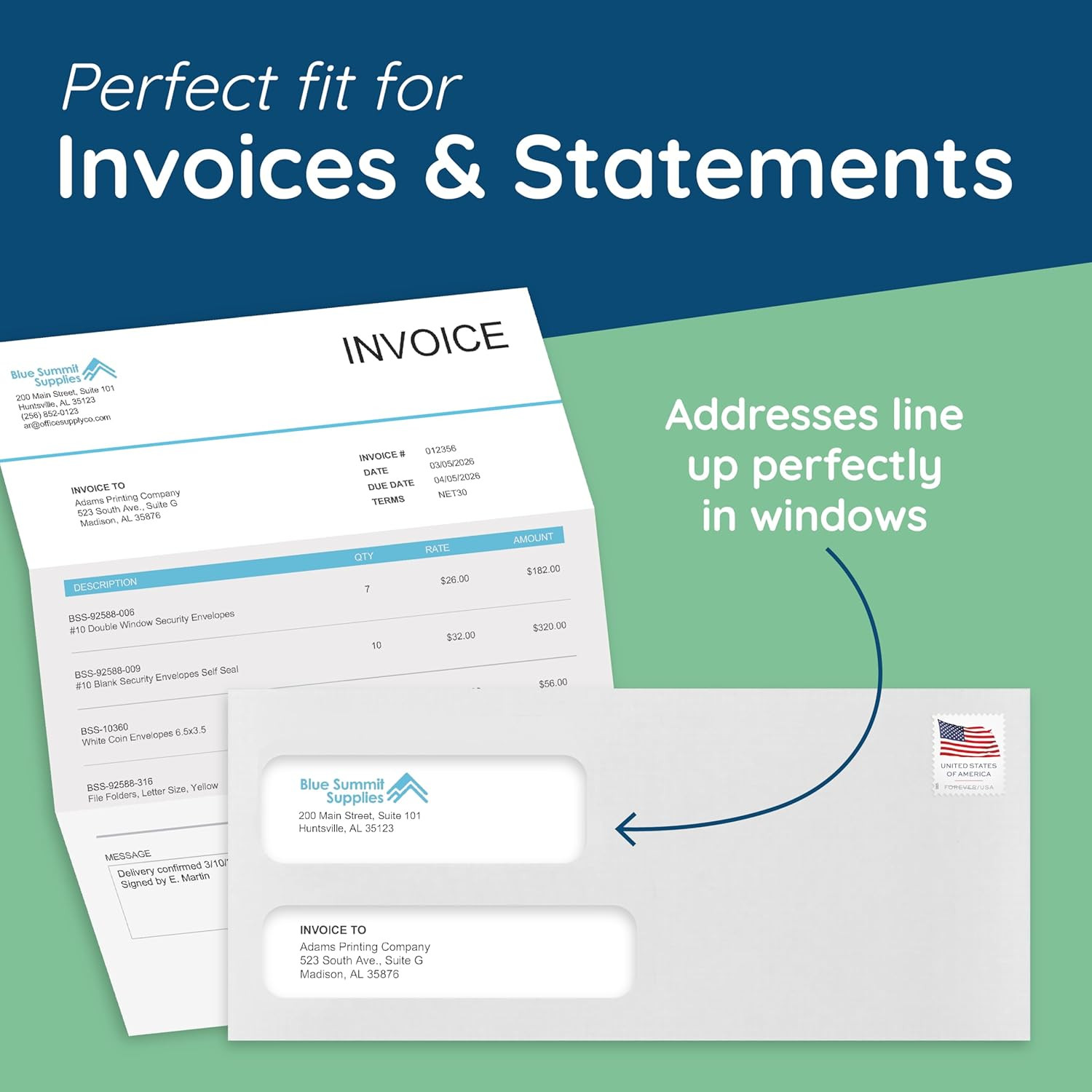 500 Blue Summit #9 Double Window Security Envelopes Self Seal for Quickbooks Inv