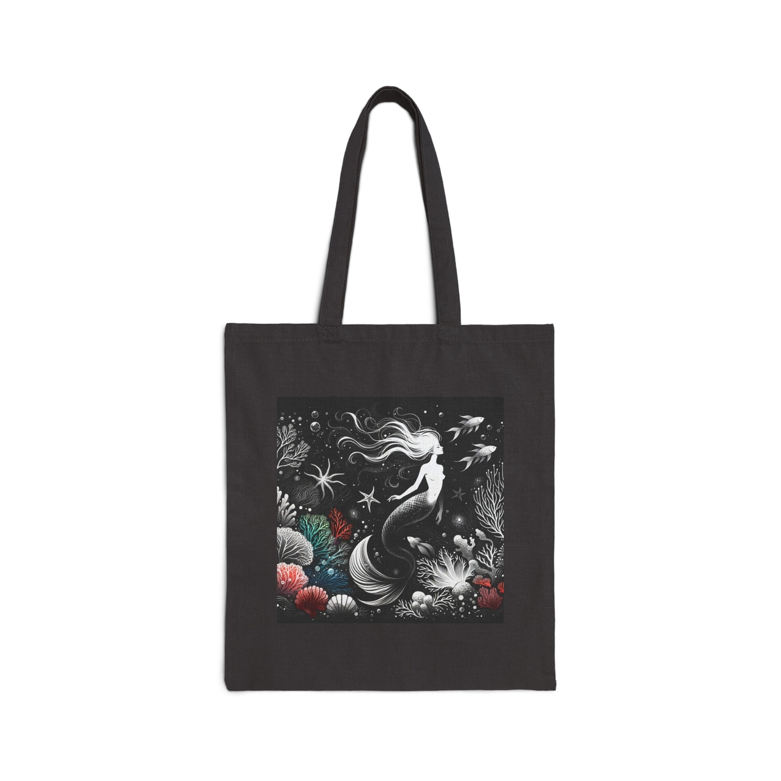 Cotton Canvas Tote Bag 15×16 Underwater Mermaid Art Deco Watercolor Designer