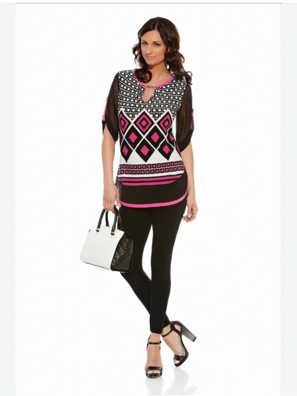 Joseph Ribkoff Black Pink White Geometric Tunic Size 4 Style 161769 Roll Tab Y2k