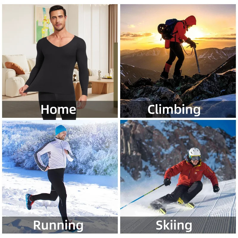 Mens V-neck Thermal Underwear Set Long Johns Autumn Winter Shirt and Pants Set