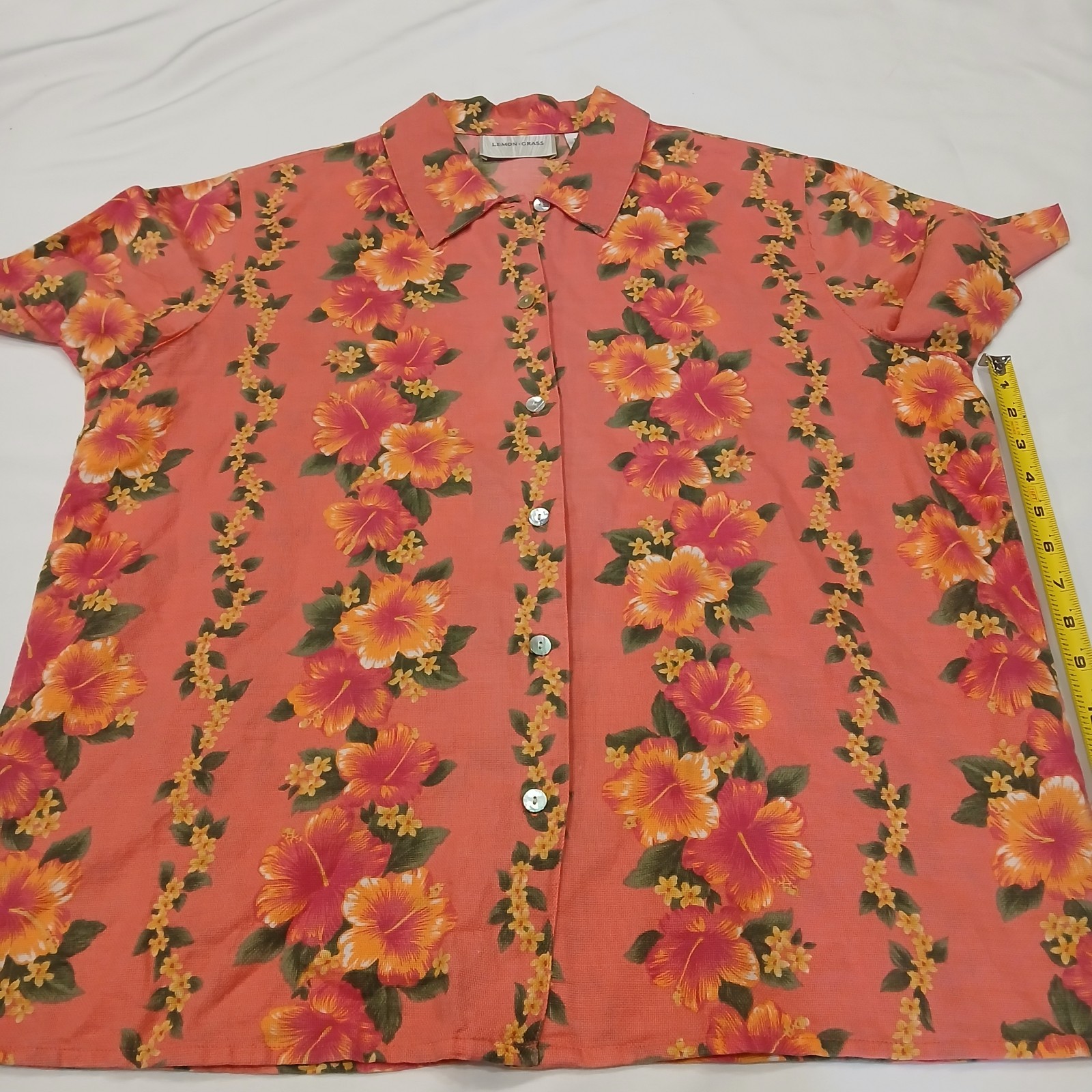 Lemon Grass Womens L Coral Button Up Shirt Hawaiian Hibiscus Linen Cotton Aloha