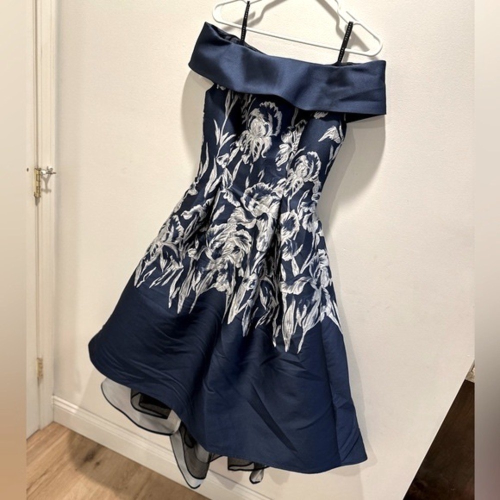 Frascara Navy Blue Silk Blend Floral Jacquard High-Low Off-Shoulder Dress