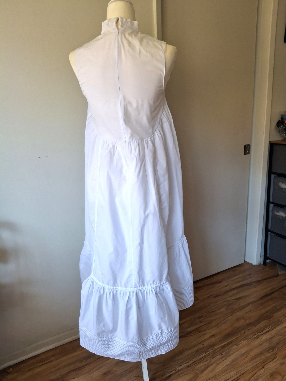 3.1Phillip Lim White Cotton Drop Waist Ruffle Midi Dress Sleeveless High Neck XS