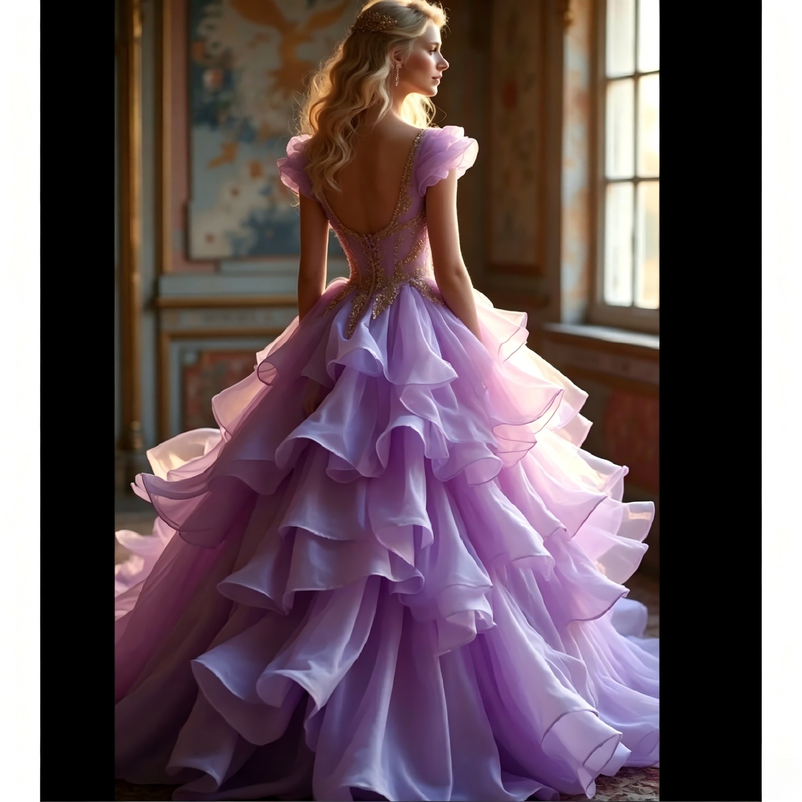 Lavender Off-Shoulder Tulle Ruffled Gold Embellished Ball Gown Prom Dresses