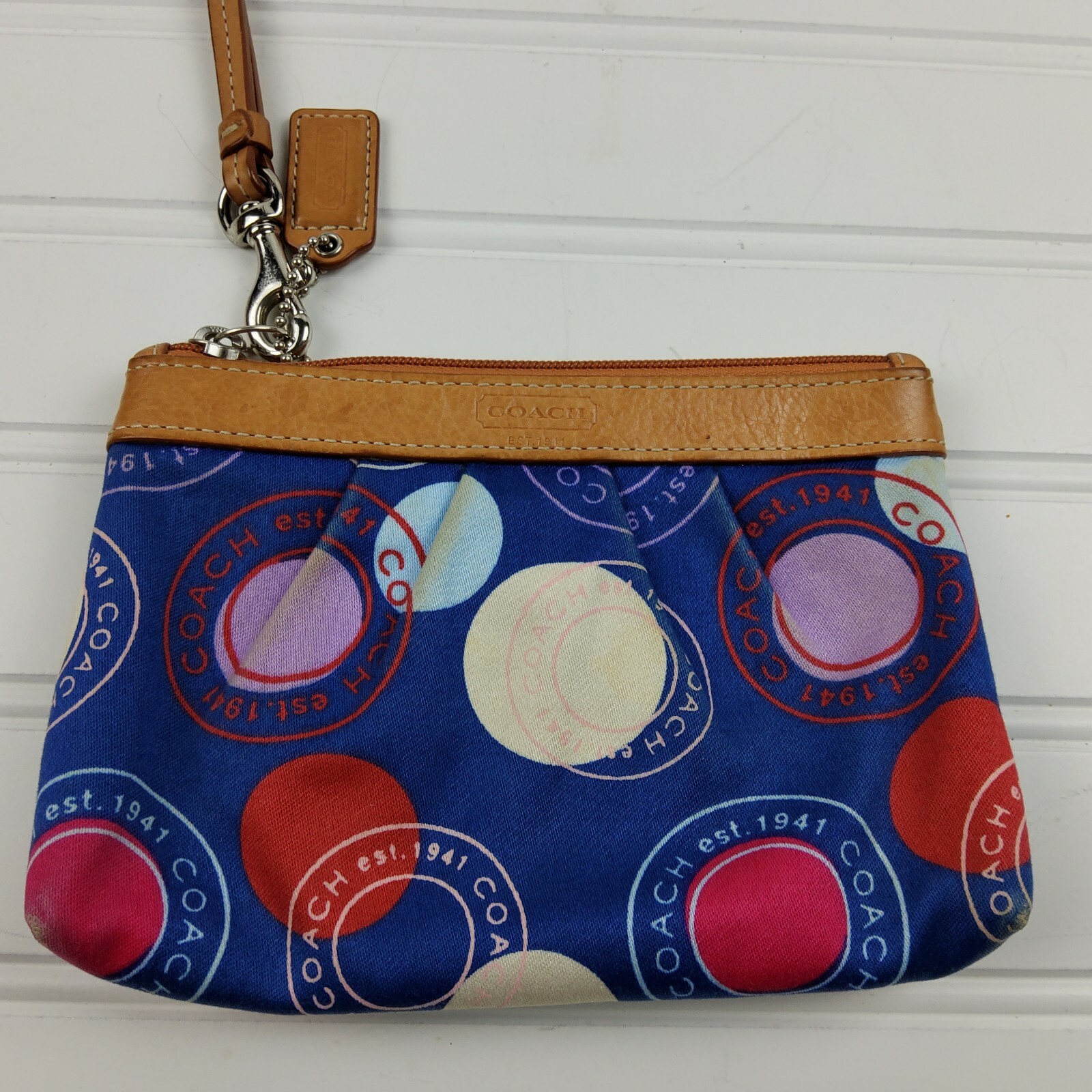 COACH Polka Dot Leah F14667 Blue White Red Shoulder Handbag Purse with Pouch
