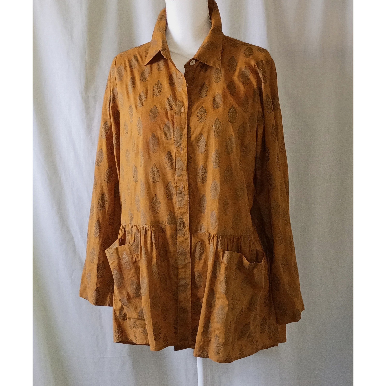 Catalog Classics Mustard Peplum Blouse Medium India Block Print Grandmillennial