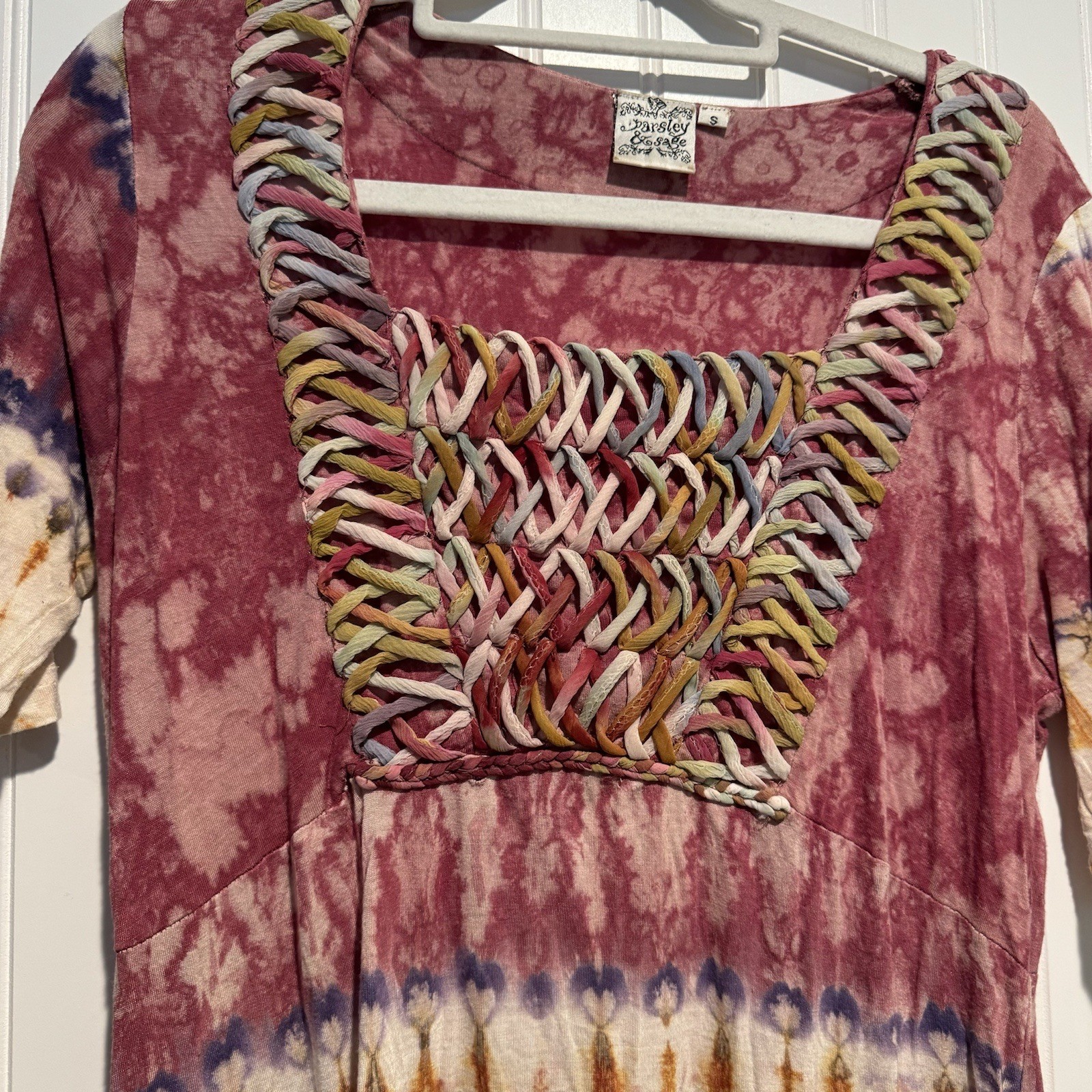 Parsley Sage Tie Dye Macramé Tunic Top Size Small Colorful Art To Wear Hippie