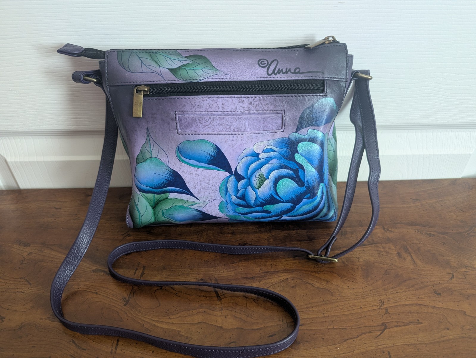 Anna Anuschka Hand Painted Medium Crossbody Purse Bag “Precious Peony Eggplant”