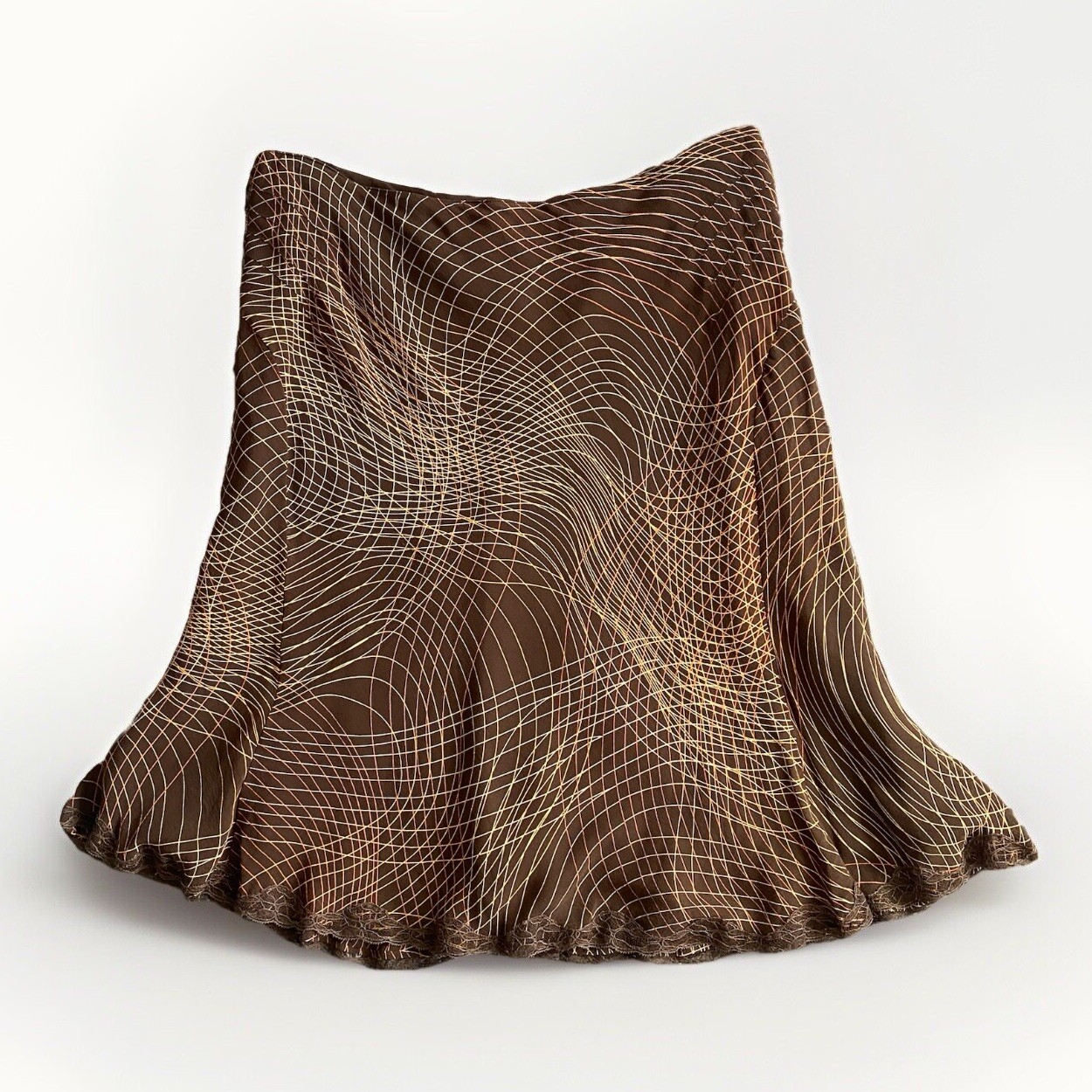 Nine West Silk Skirt Size 14 Brown Mid Rise Lace Trim Flutter Knee Length