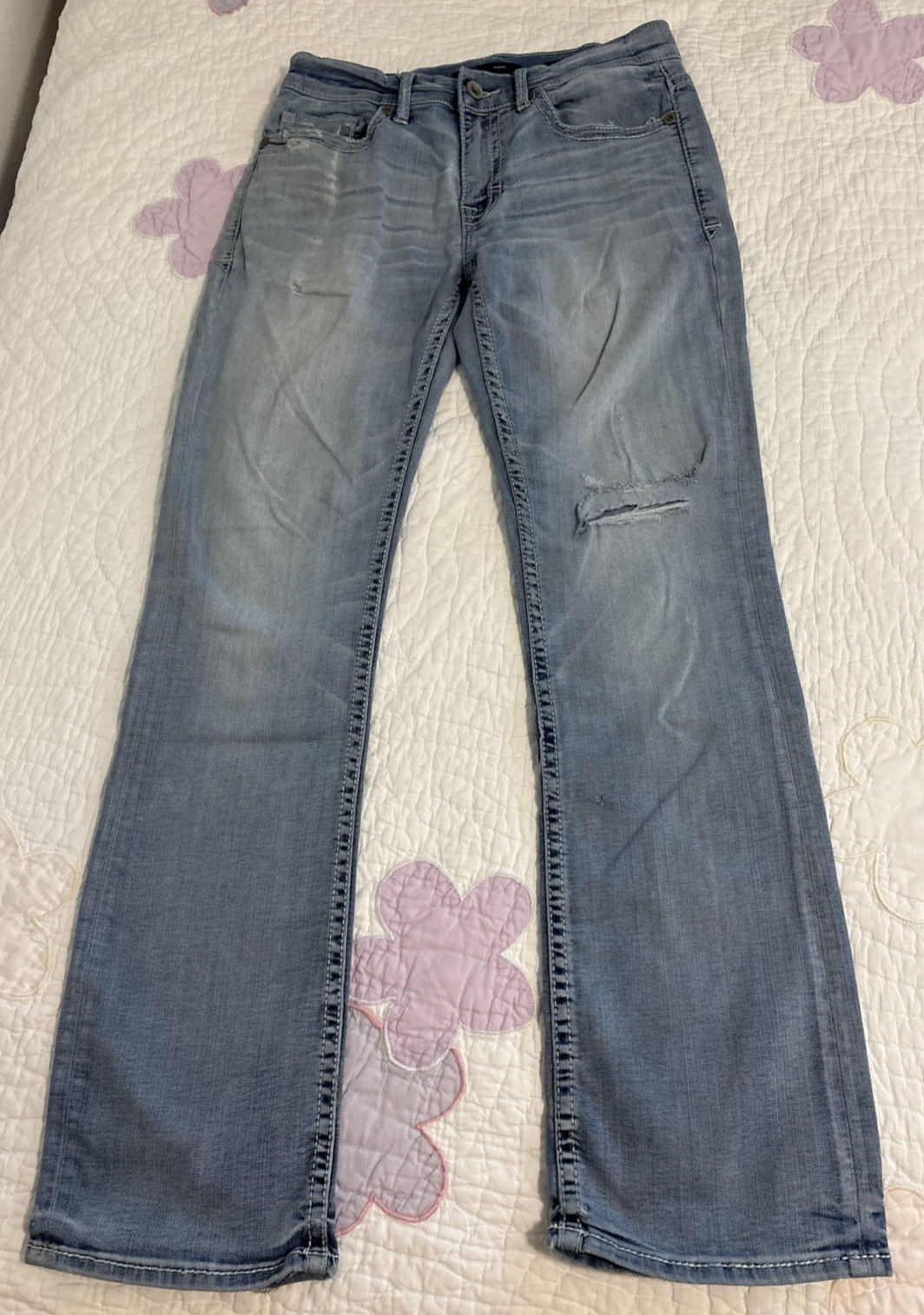 BKE Aiden Jeans Mens 30×32 Distressed Frayed Hem Blue Denim Bootcut Stretch