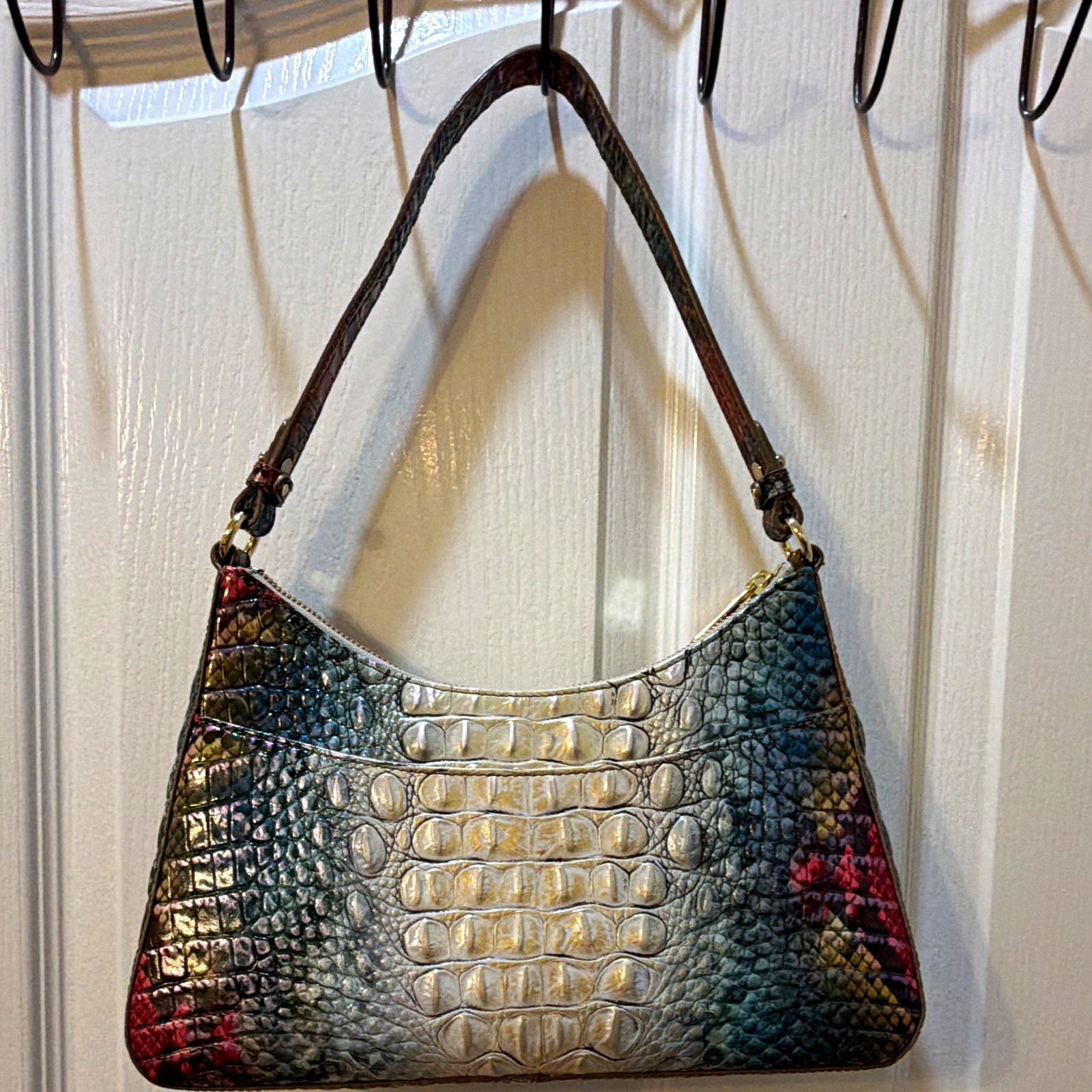 Brahmin Embossed Animal Print Multicolor Shoulder Bag Zip Top Gold Hardware