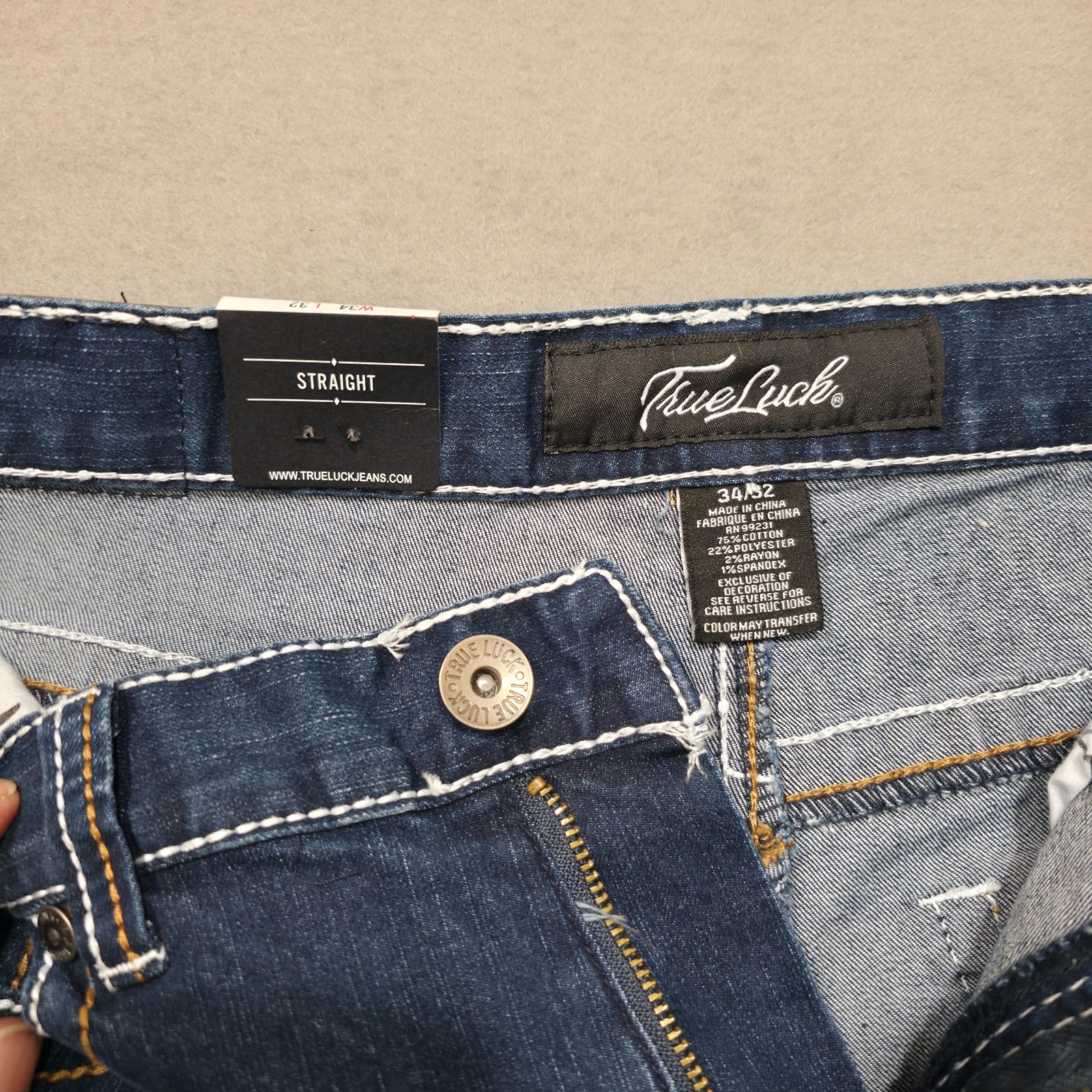 True Luck Men’s Stretch Straight Denim Blue Jeans Size 34×33.5 NWT