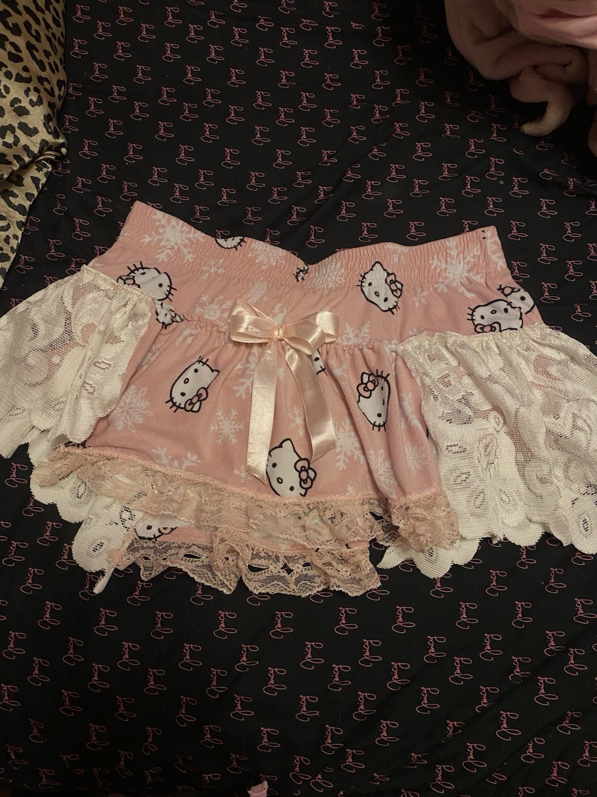 Handmade Warm Hello Kitty Sanrio Coquette White and Pink Lace Skirt With Bow