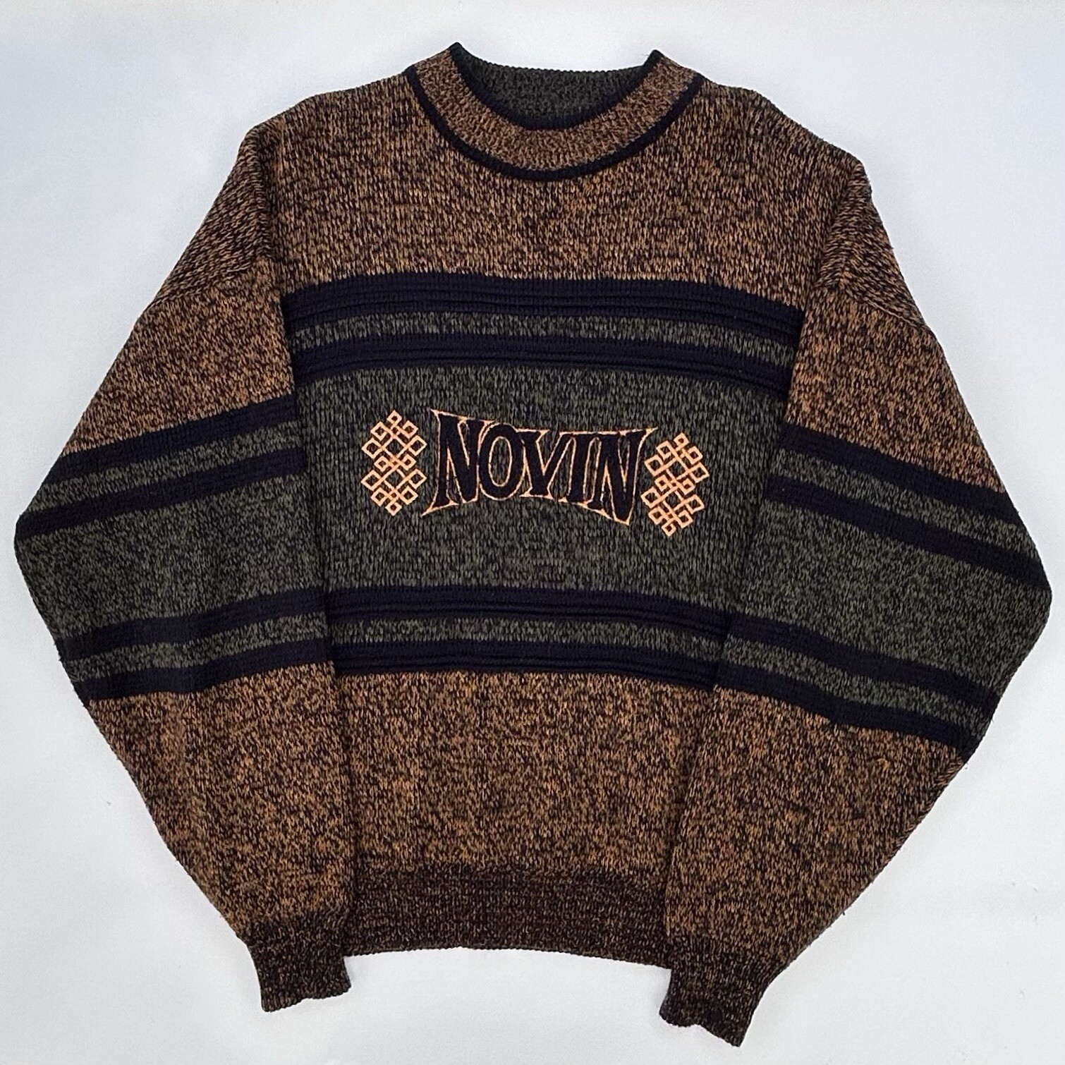 Vintage 90’s Novin Embroidered Logo Sweater Acrylic Blend Men’s Large Striped