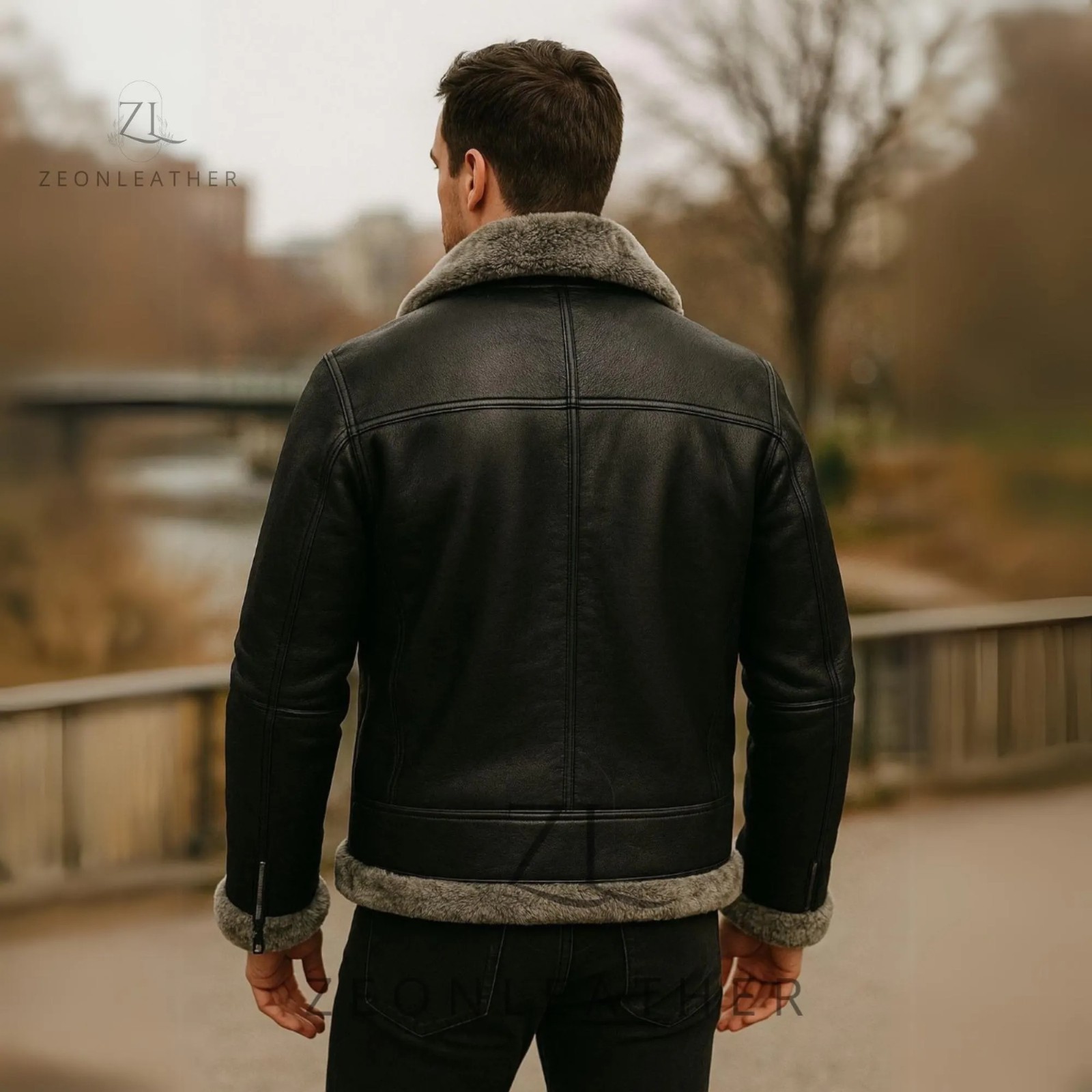 Men’s Black Leather Shearling Jacket Oversized Fur Collar Winter Aviator Coat
