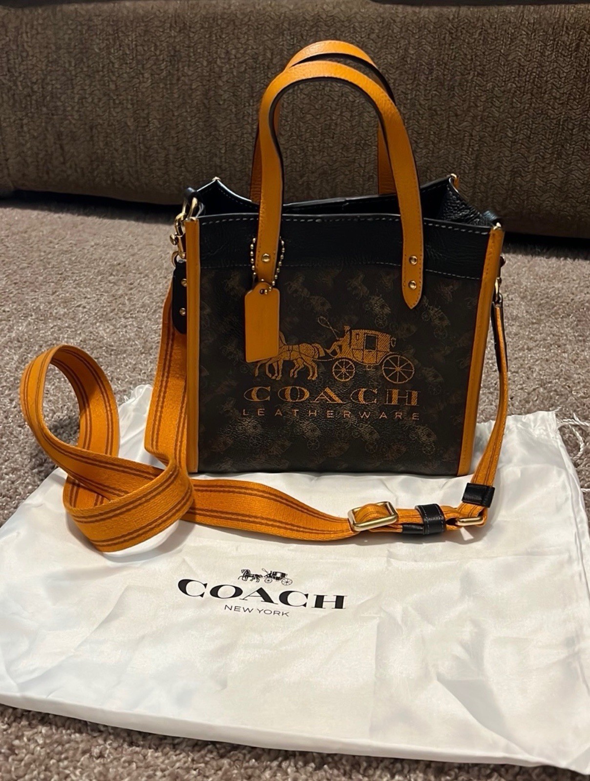 Coach Small Tote Bag Brown/Black/Orange w Detachable Strap Dust Bag Snap