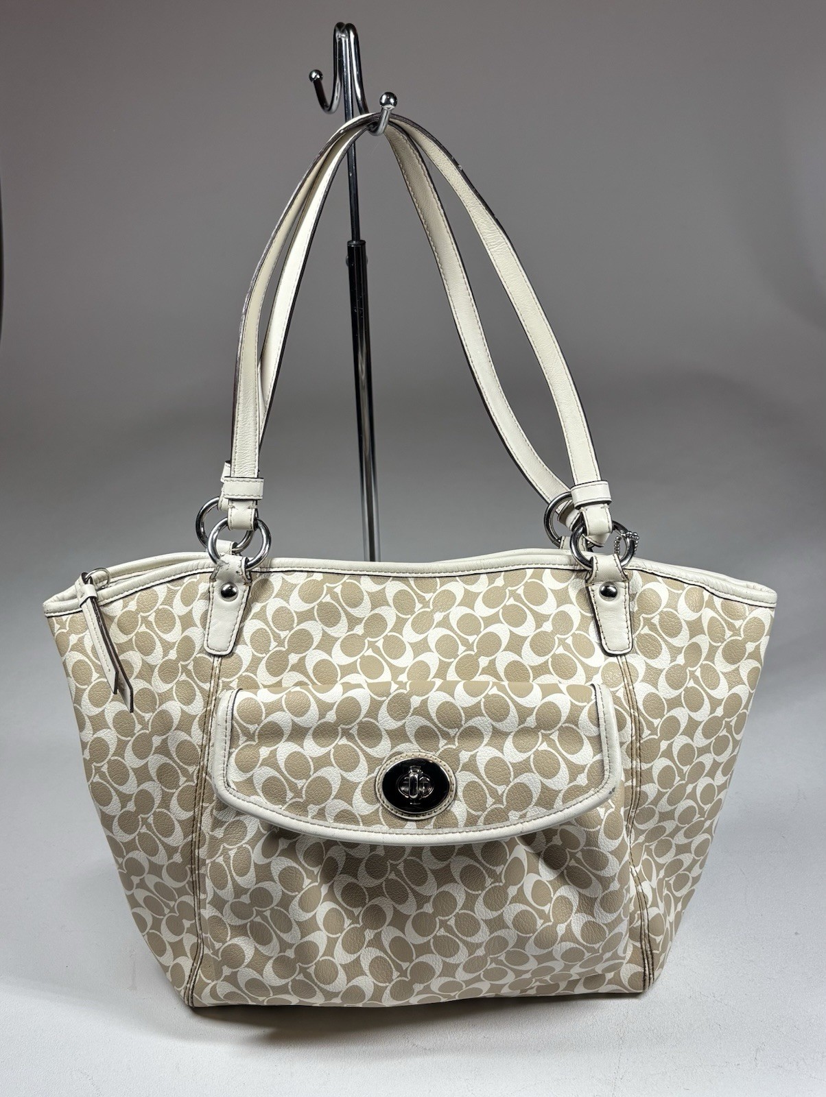 Coach Signature Leah Large Shoulder Tote Bag Khaki White 15135 Handbag Purse