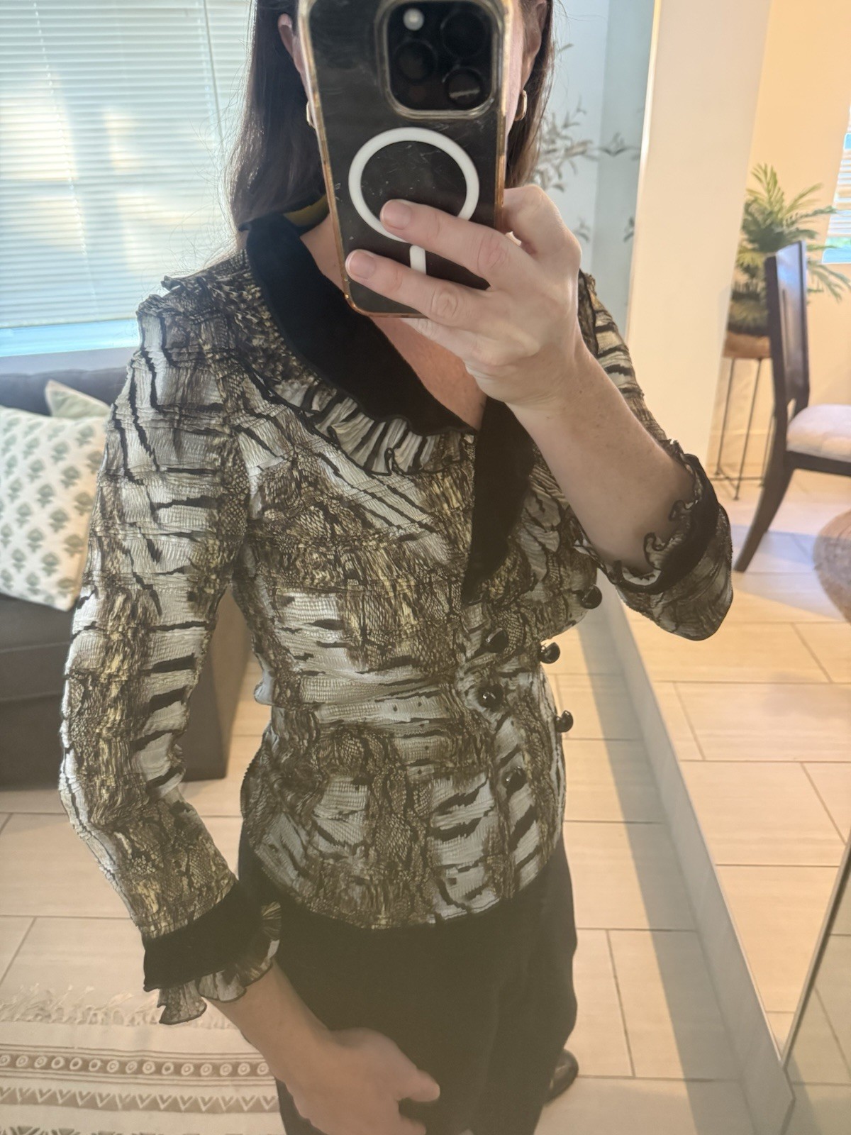 Vintage Alberto Makali Animal Print Button-Front Velvet Trim Blouse Size S