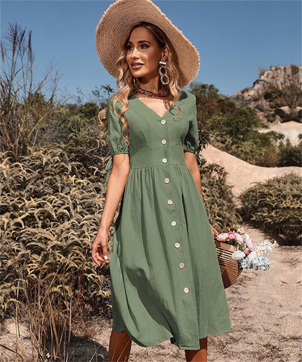Women Summer Midi Dress Casual V Neck Short Sleeve Flowy Solid Color Dress