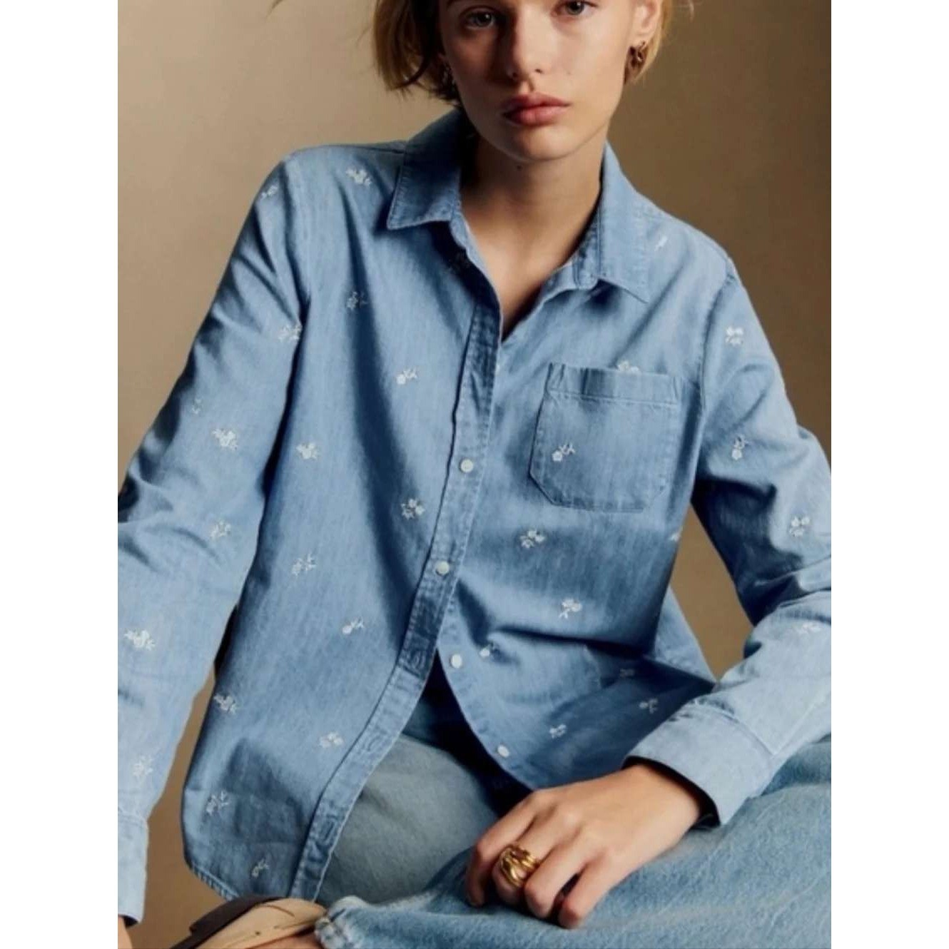 Sezane Tomboy Shirt Embroidered Blue Denim Chambray Long Sleeve Women EU 36 US 4