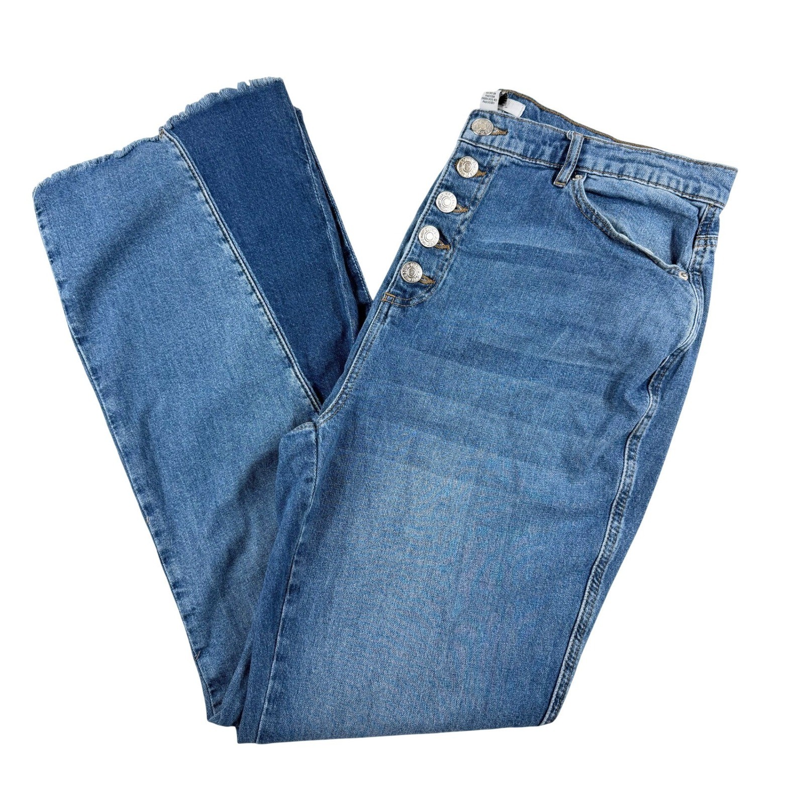Forever 21 Women Button-Fly Denim Two-Tone Flare Frayed Jeans Blue 12 30L