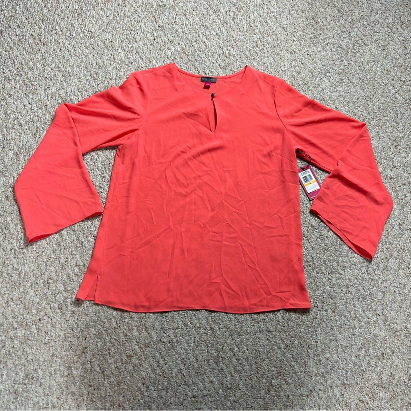 Vince Camuto NEW Keyhole Round Neck Sheer Blouse Womens S Long Sleeve Loose