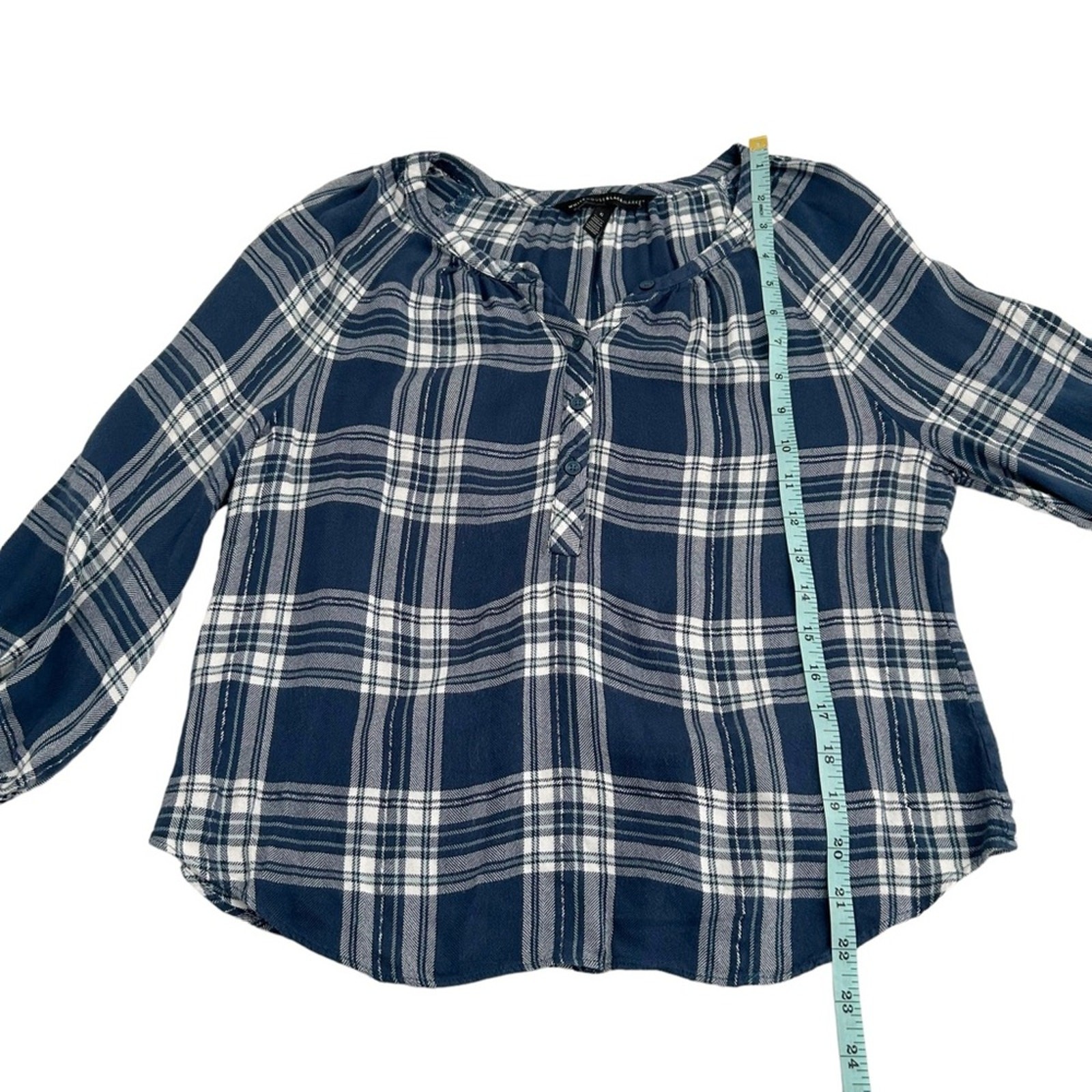 White House Black Market Size 6 Blue, White, Silver Plaid Bow Sleeve Blouse