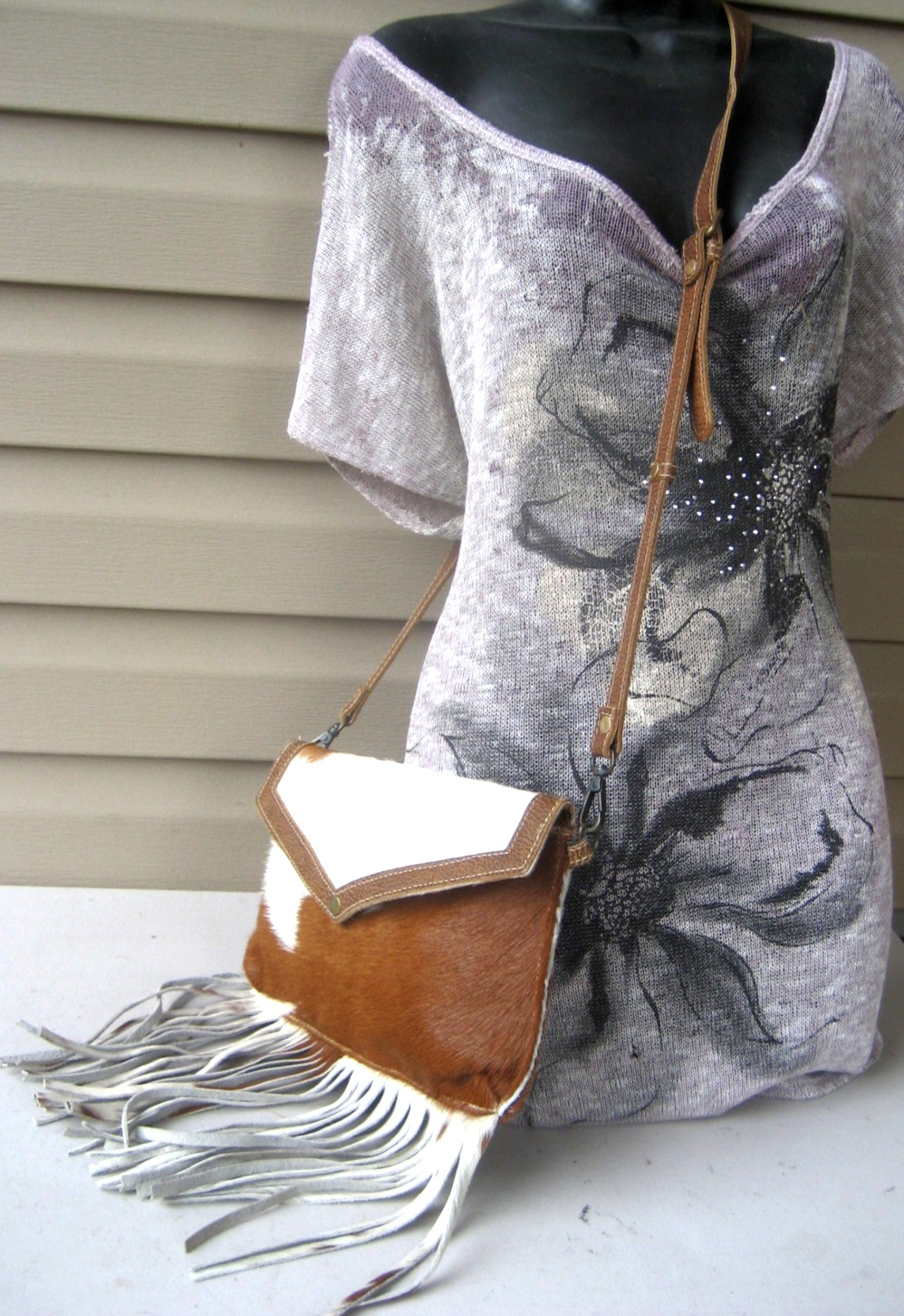 Myra Cowhide Leather Calfhair Crossbody Bag Fringe Western Handbag MINT