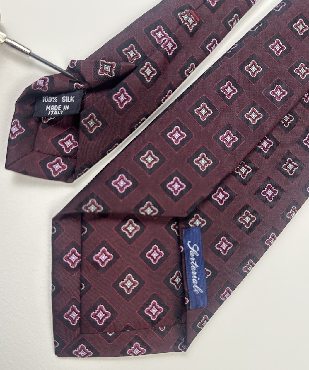 Paul Frederick Sartoriale Silk Tie Italy Burgundy Geometric 3.5” x 59”