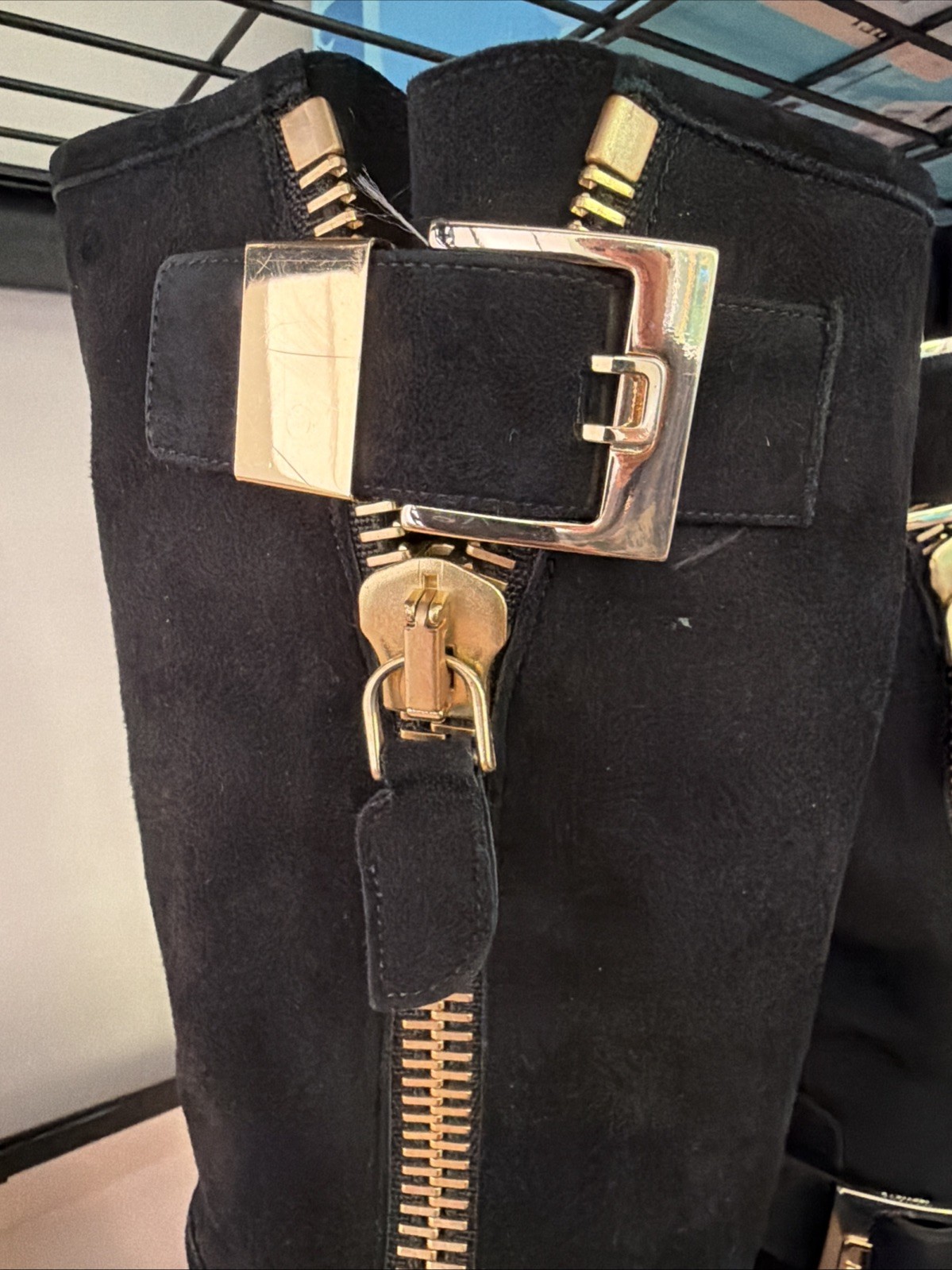 Cesare Paciotti Black Suede Knee High Boots Gold Buckles Zipper EU 37 US 6.5