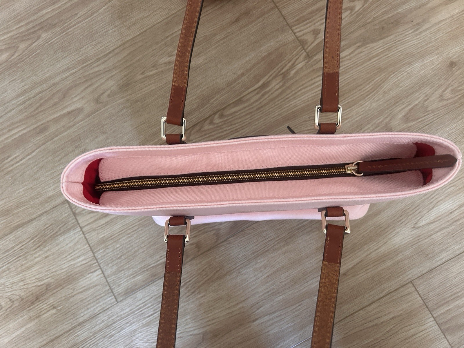 Dooney & Bourke Pink Solid Tote Bag – Zip Top, Gold Hardware, Red Lining