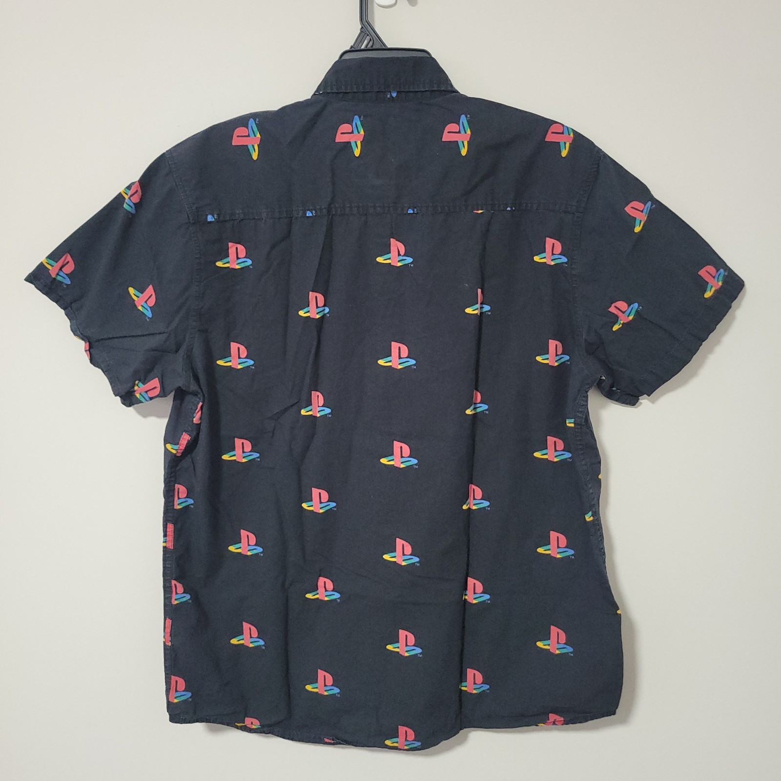 Sony Playstation Logo All Over Print Button Up Shirt Men XL Black Short Sleeve