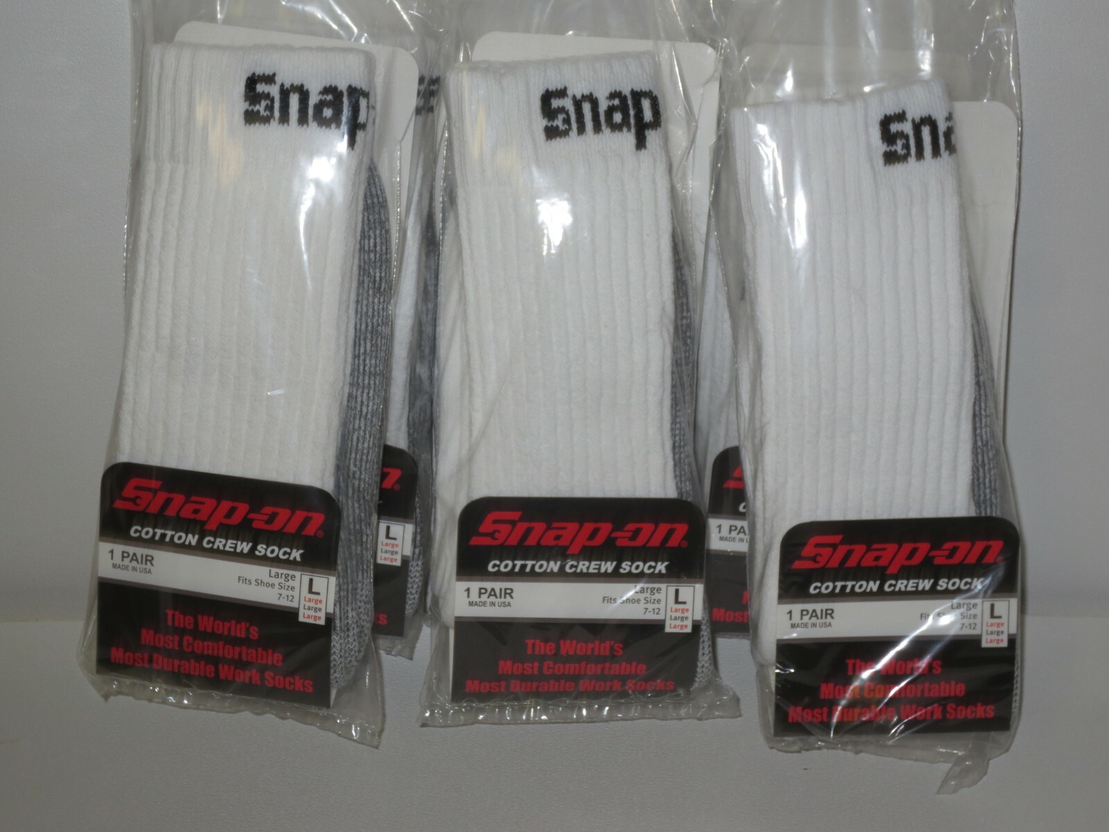 6 PAIRS Snap-On CREW Socks Men’s WHITE LARGE ~ FREE SHIPPING ~ MADE IN USA *NEW*