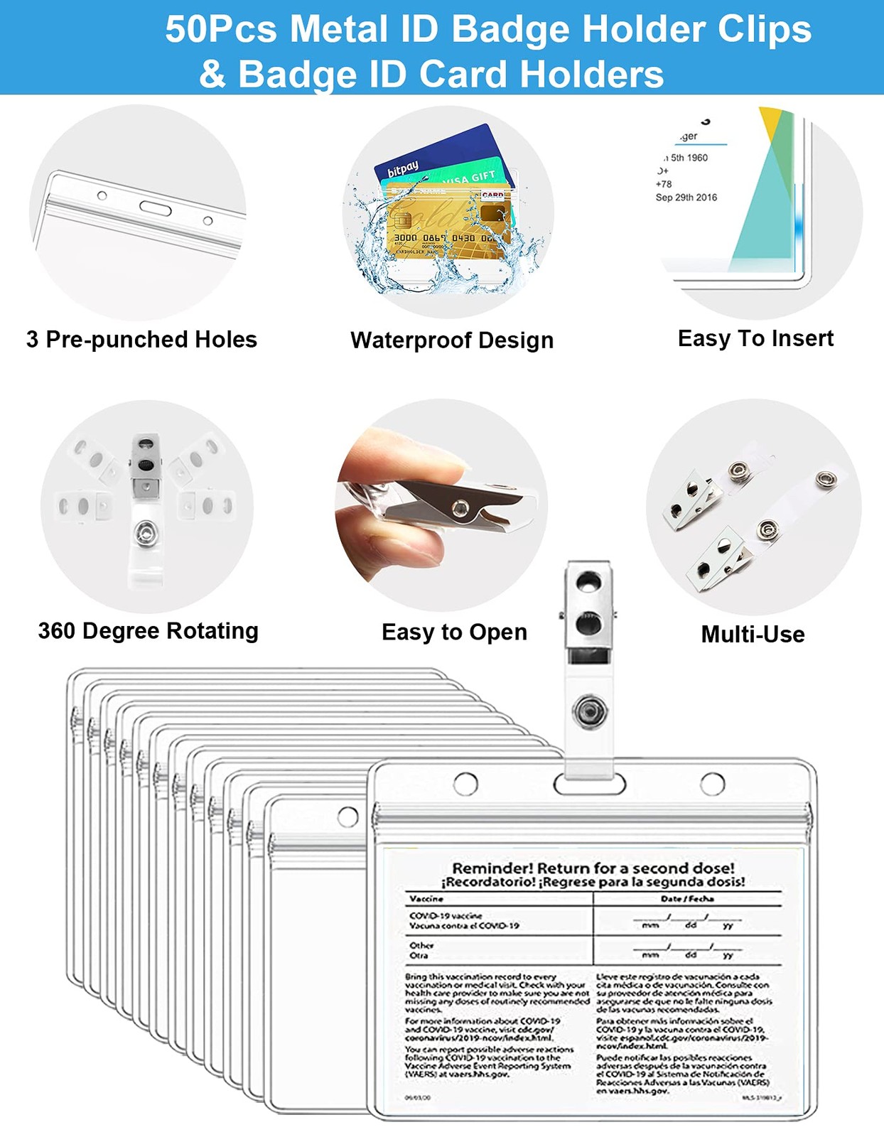 5 Pack Card Protector with Metal Clips 43 Inches Health ID Card Clear Plastic Ho