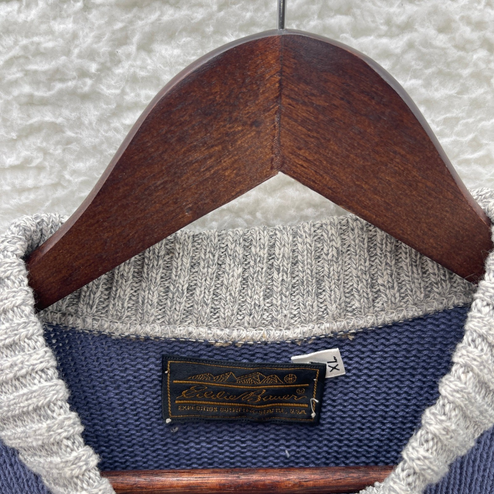 Vintage Eddie Bauer Sweater Mens XL Gray Blue Striped Fisherman Chunky Granola