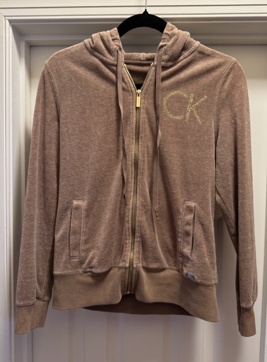 Calvin Klein Womens Velour Hoodie M Brown Rhinestone Logo Zip Up Jacket Soft