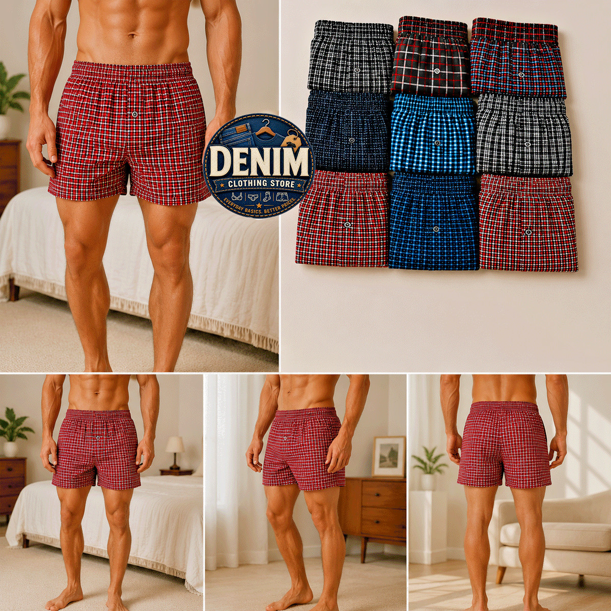 6 Pack Mens Premium Boxers 100% Cotton Underwear Trunk Plaid Shorts Size S~3XL