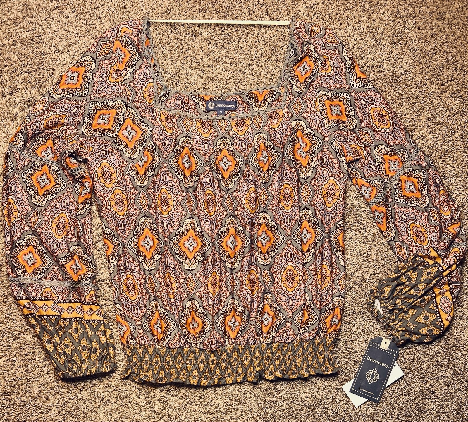 NWT Democracy SMALL Geometric Square Neck Blouson Sleeve Smocked Top Shirt