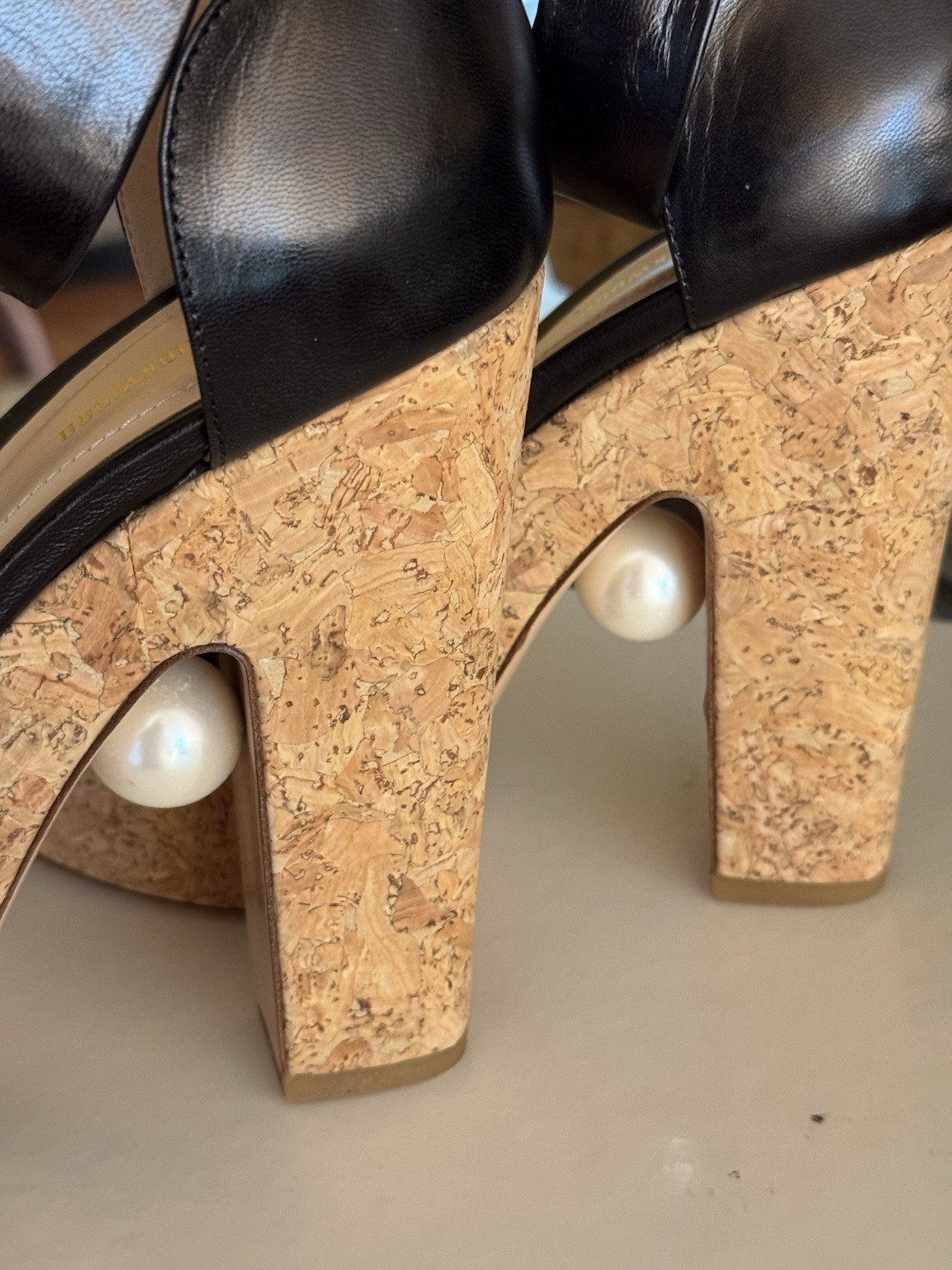 Nicholas Kirkwood Black Leather Open Toe Cork Platform Pearl Ankle Strap 39.5