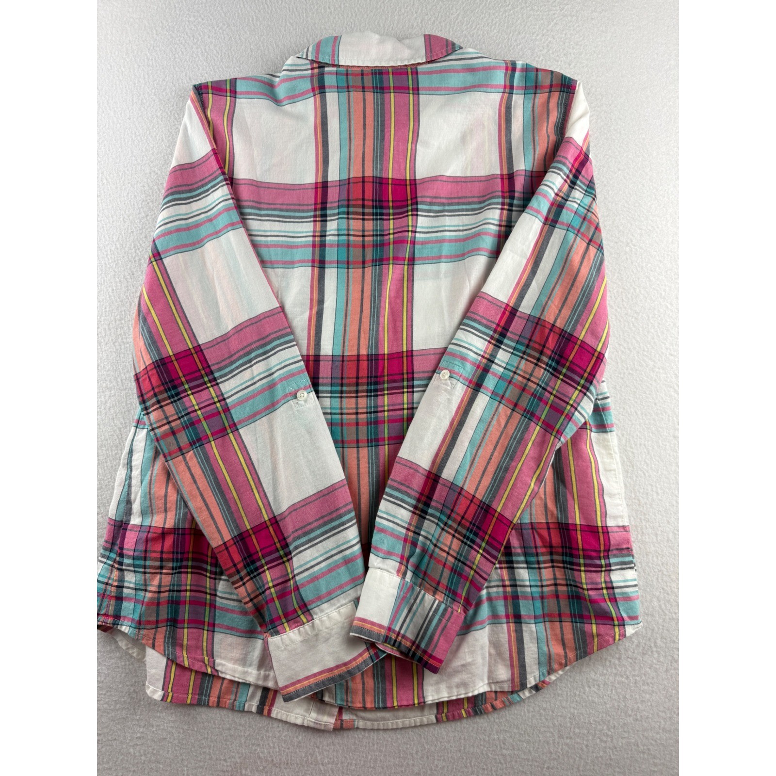 Talbots Womens Pink Teal Plaid Button Down Shirt Roll Tab Sleeve Size M