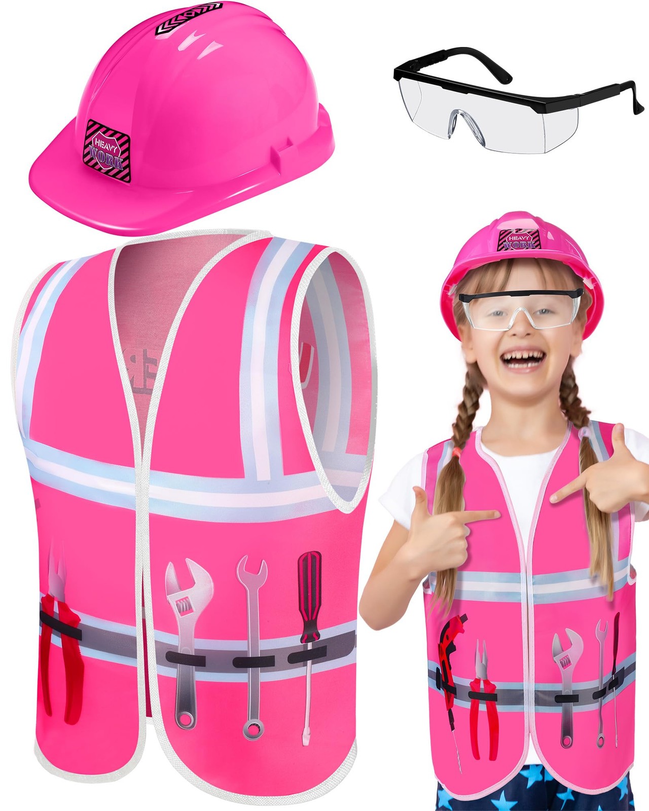 Kids Construction Worker Costume Set Hard Hat Vest Goggles Dress Up Outfit