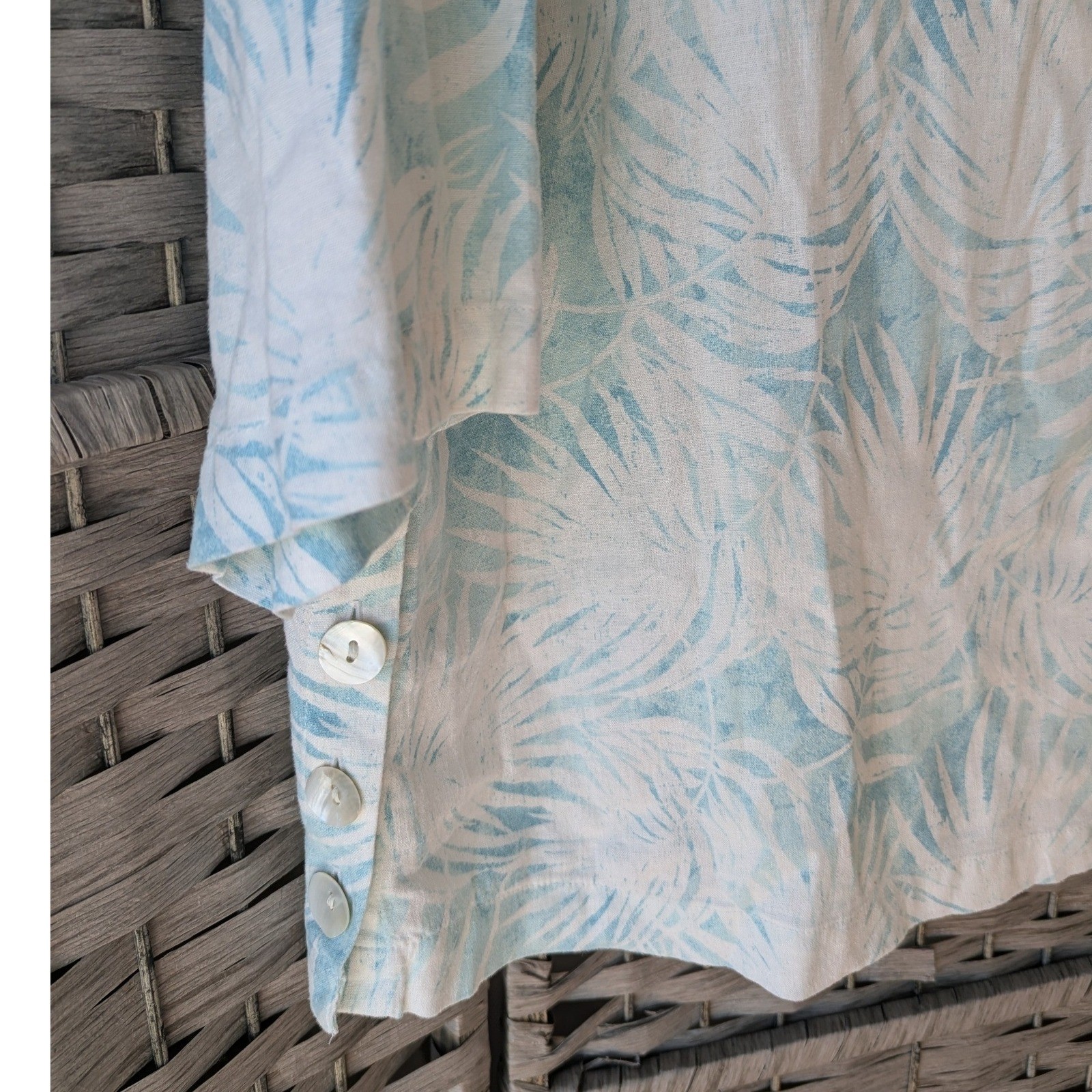 Martha Stewart Light Blue White Palm Print Linen Blend Tunic Top 1X Resortwear