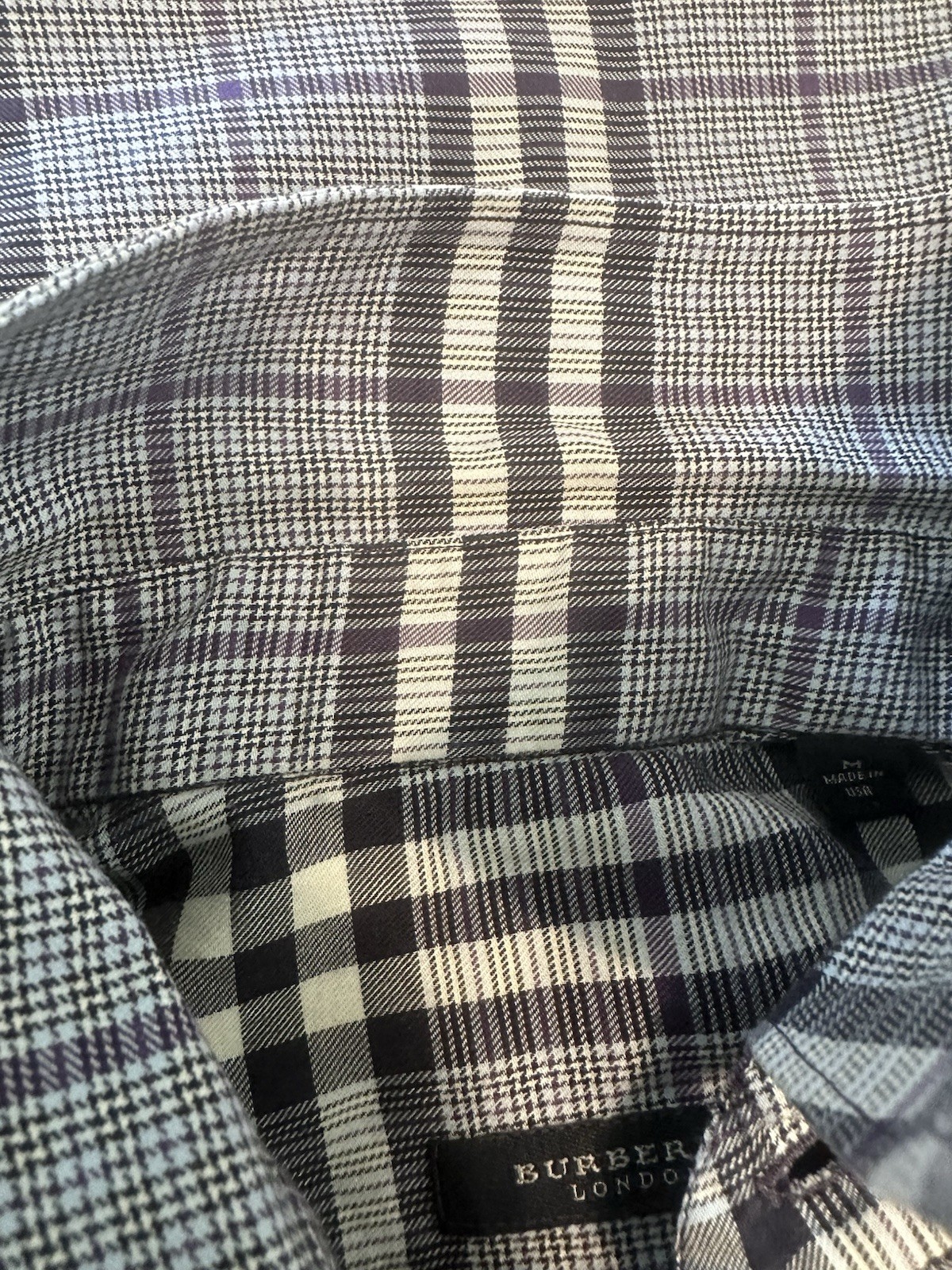 Burberry London Mens Plaid Button Front Shirt Medium Gray Purple Cotton USA