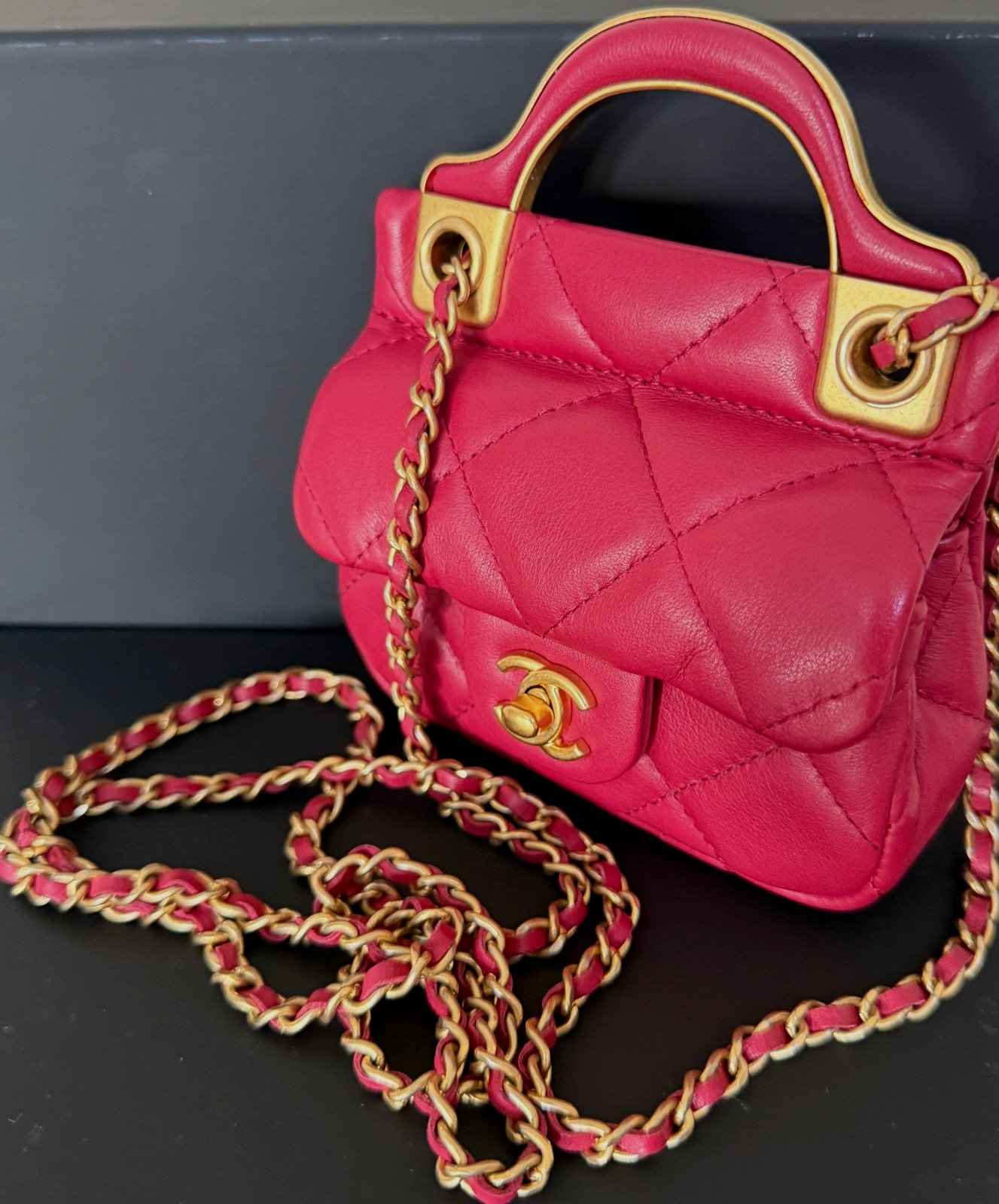 CHANEL FLAP CARD HOLDER WITH CHAIN PINK QUILTED CALFSKIN GOLD HARDWARE, 2021