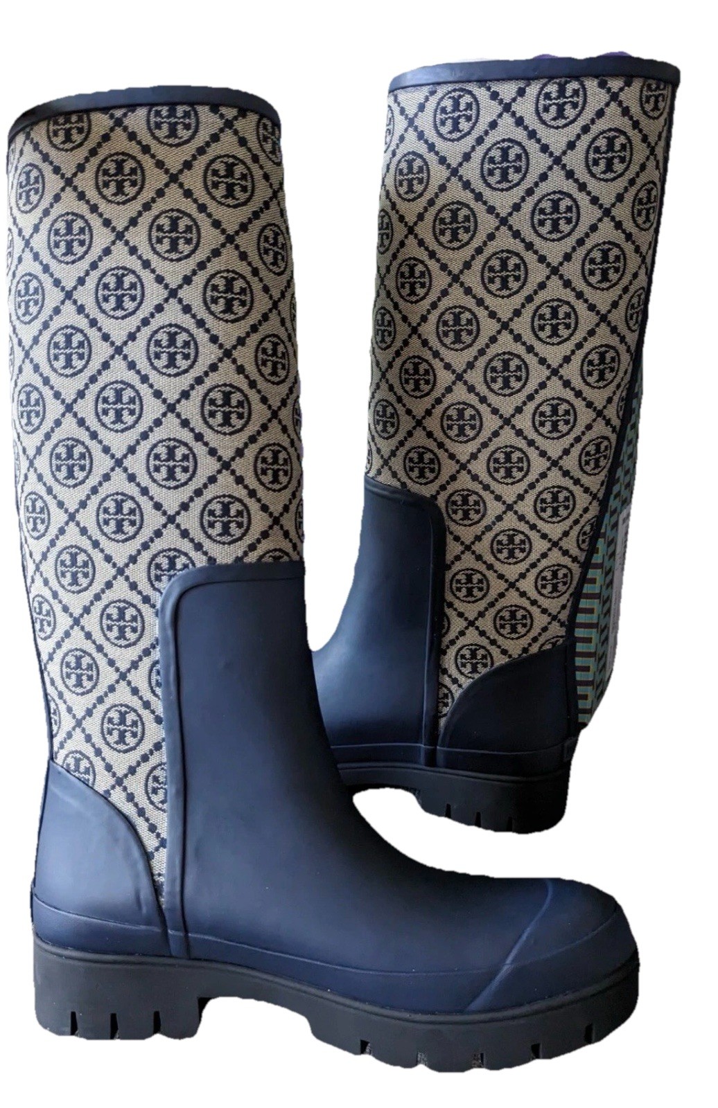 Tory Burch T Monogram Hurricane Tall Rain Boot Size 9M Blue No Shoe Box