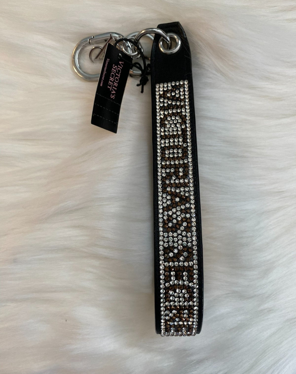 VICTORIA’S SECRET Slim Rhinestone Shine Sparkle Wristlet Keychain in Black Logo